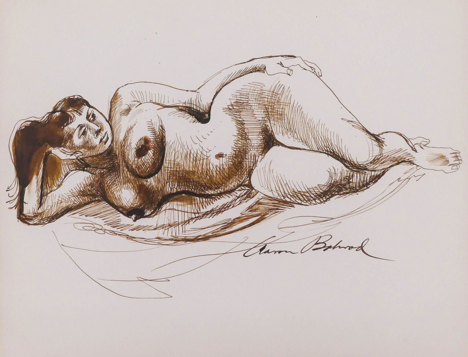 Aaron Bohrod (1907-1992 American) Reclining Nude Ink on: Aaron Bohrod (1907-1992 American) Reclining Nude Ink on Paper 9.5''x12'' Image. A reclining female nude illustration that is published in ''Aaron Bohrod: Figure Sketches'' book page 225. Signed l.r. G