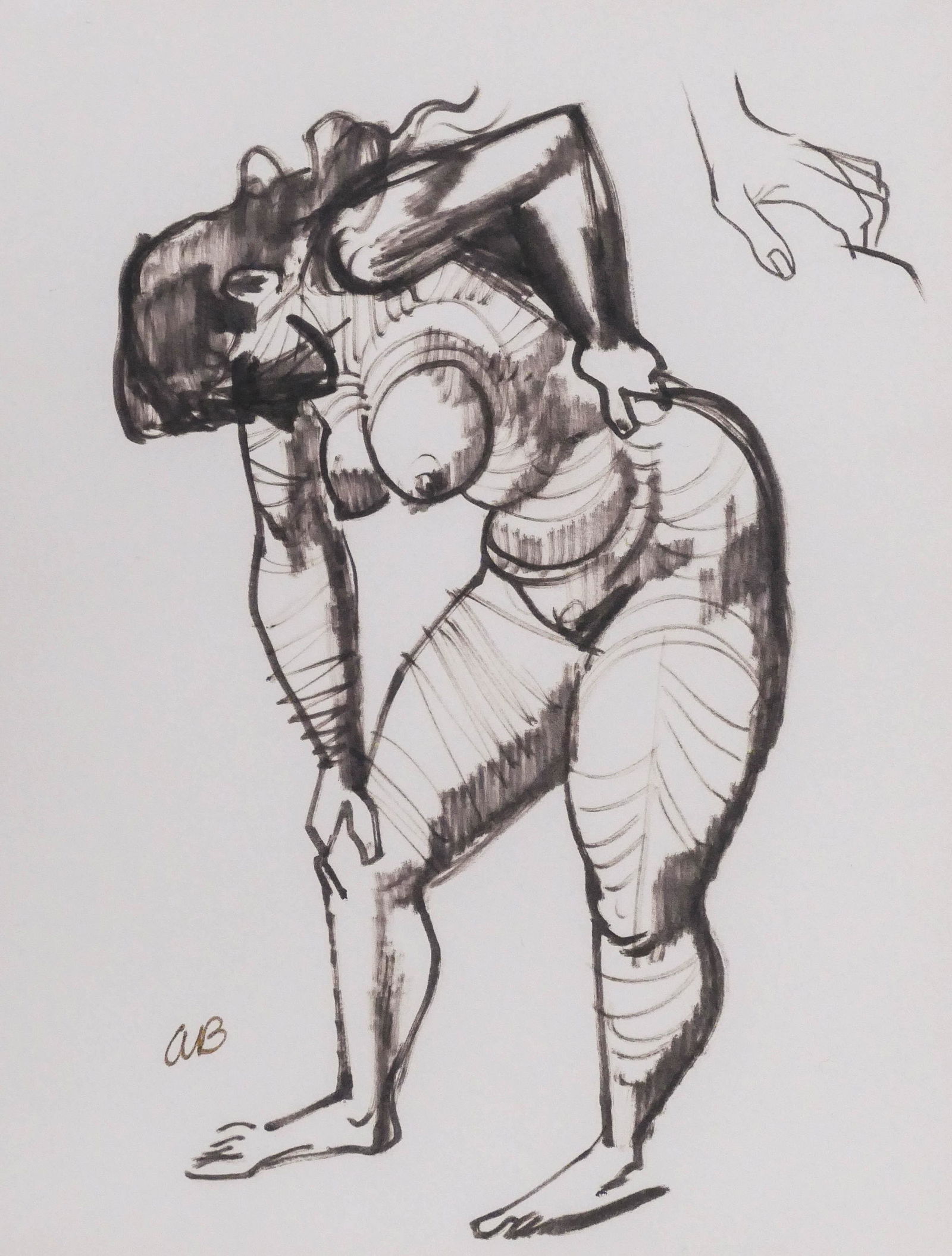Aaron Bohrod (1907-1992 American) Nude Bent Over (Hand: Aaron Bohrod (1907-1992 American) Nude Bent Over (Hand Sketch) Ink on Paper 12''x9.5'' Image. A standing female nude illustration that is published in ''Aaron Bohrod: Figure Sketches'' book page 129.