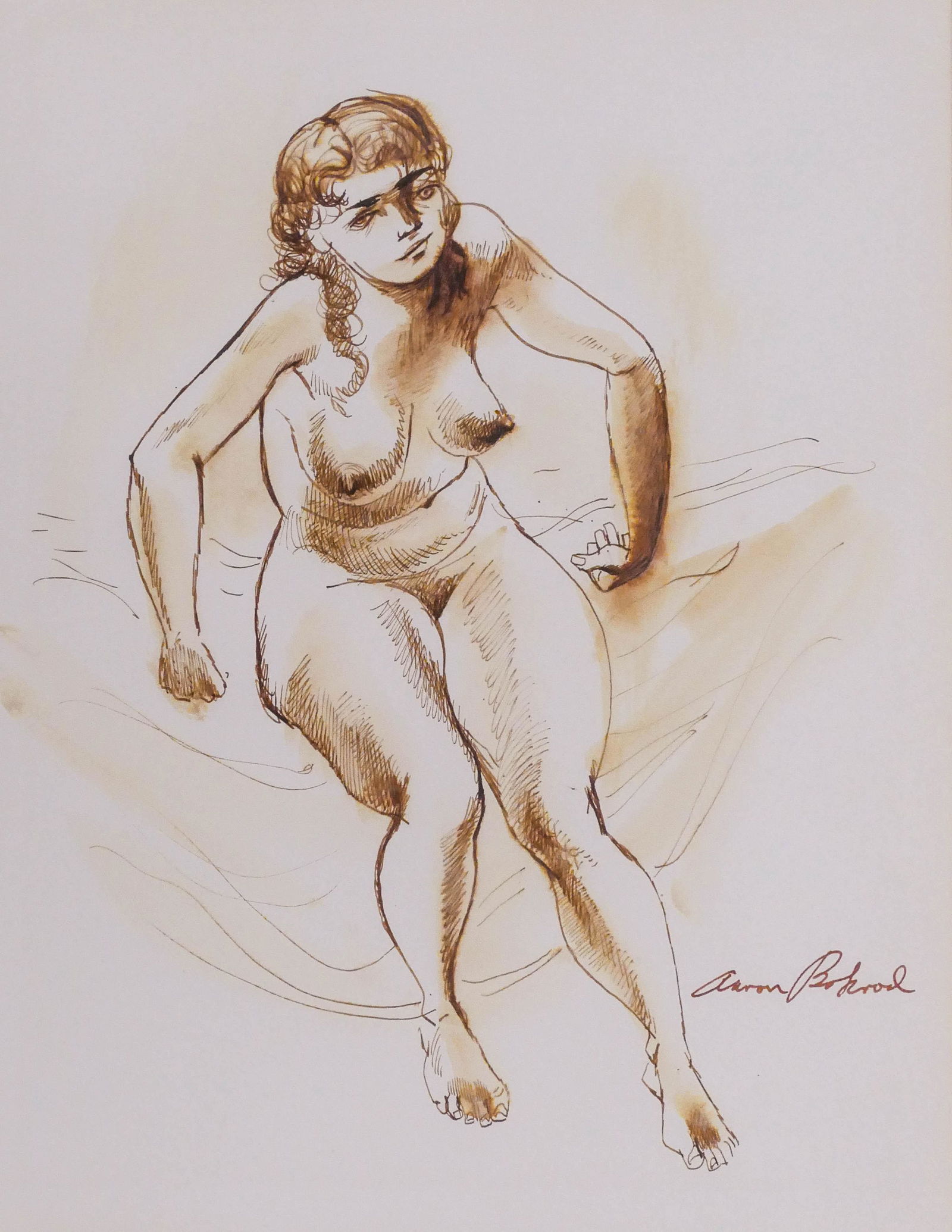 Aaron Bohrod (1907-1992 American) Seated Nude Ink on: Aaron Bohrod (1907-1992 American) Seated Nude Ink on Paper 12''x9.5'' Image. A seated female nude illustration that is published in ''Aaron Bohrod: Figure Sketches'' book page 183. Signed l.r. Gallery