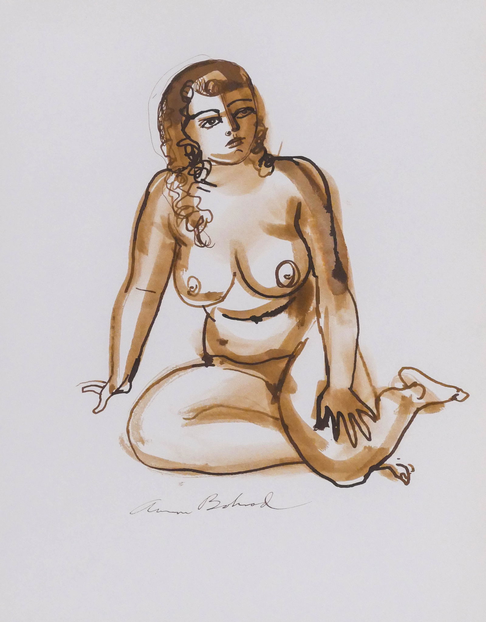 Aaron Bohrod (1907-1992 American) Seated Nude: Aaron Bohrod (1907-1992 American) Seated Nude Watercolor on Paper 12''x9.5'' Image. A seated female nude illustration that is published in ''Aaron Bohrod: Figure Sketches'' book page 227. Signed lower