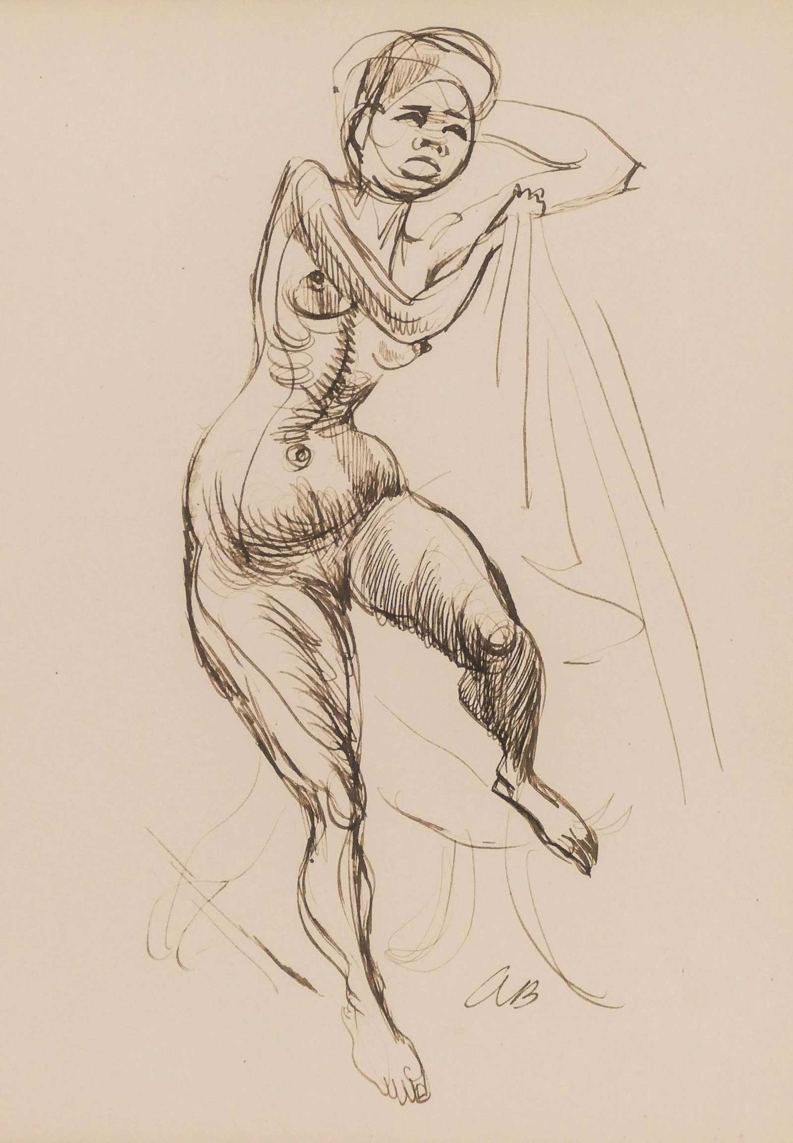 Aaron Bohrod (1907-1992 American) Leaning Nude Ink on: Aaron Bohrod (1907-1992 American) Leaning Nude Ink on Paper 10''x7.5'' Sight. A female nude illustration that is published in ''Aaron Bohrod: Figure Sketches'' book page 161. Initialed l.r. Gallery fr