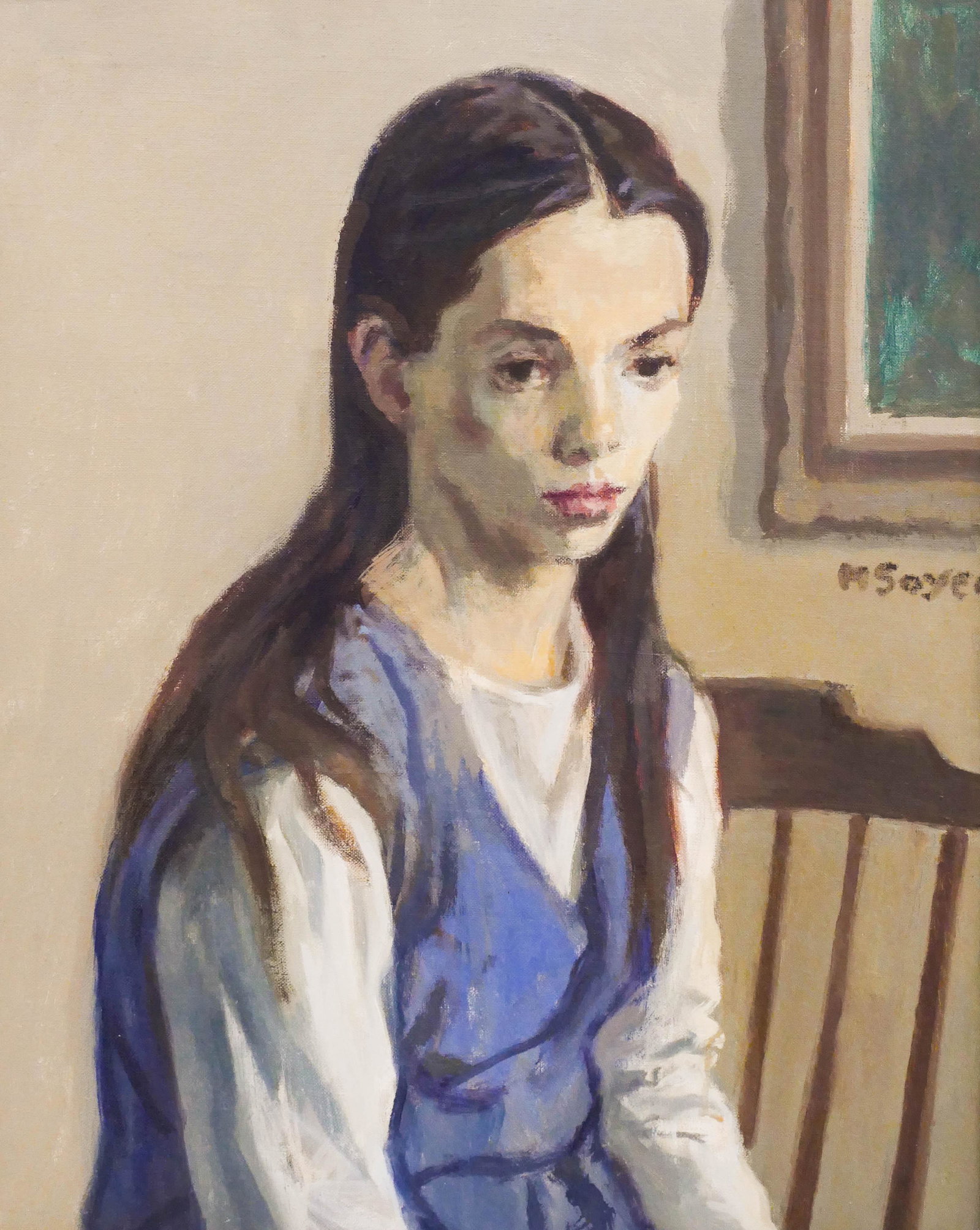 Moses Soyer (1899-1974 New York) ''Girl with Long Hair': Moses Soyer (1899-1974 New York) ''Girl with Long Hair'' Oil on Canvas 20''x16'' Image. A melancholic work with seated contemplative girl. Signed middle right with ACA Galleries, New York label on ver