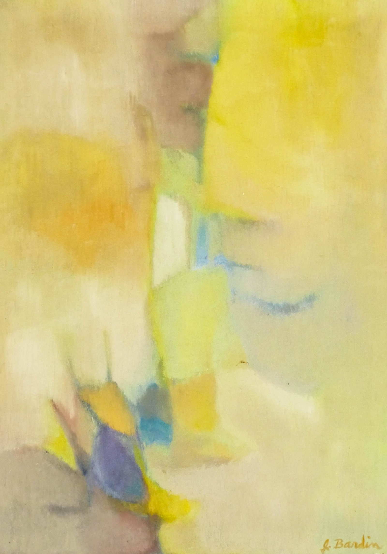 Jesse Redwin Bardin (1923-1997 South Carolina) ''Silent: Jesse Redwin Bardin (1923-1997 South Carolina) ''Silent Passage'' 1958 Oil on Canvas 36''x26'' Image. An early and colorful soft abstraction. Signed l.r. with title label on verso. Unframed. A few sli