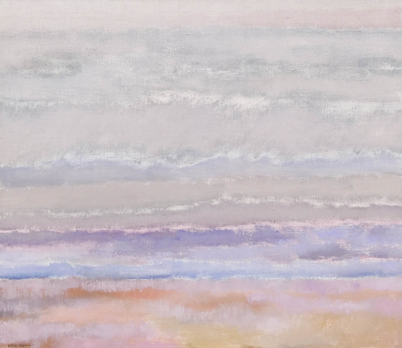 LaVerne Krause (1924-1987 Oregon) ''Silver Violet: LaVerne Krause (1924-1987 Oregon) ''Silver Violet Shore'' 1981 Oil on Canvas 26''x30'' Image. A colorful modernist coastal scene. Signed and dated l.l. with Fountain Gallery, Portland label on verso. 
