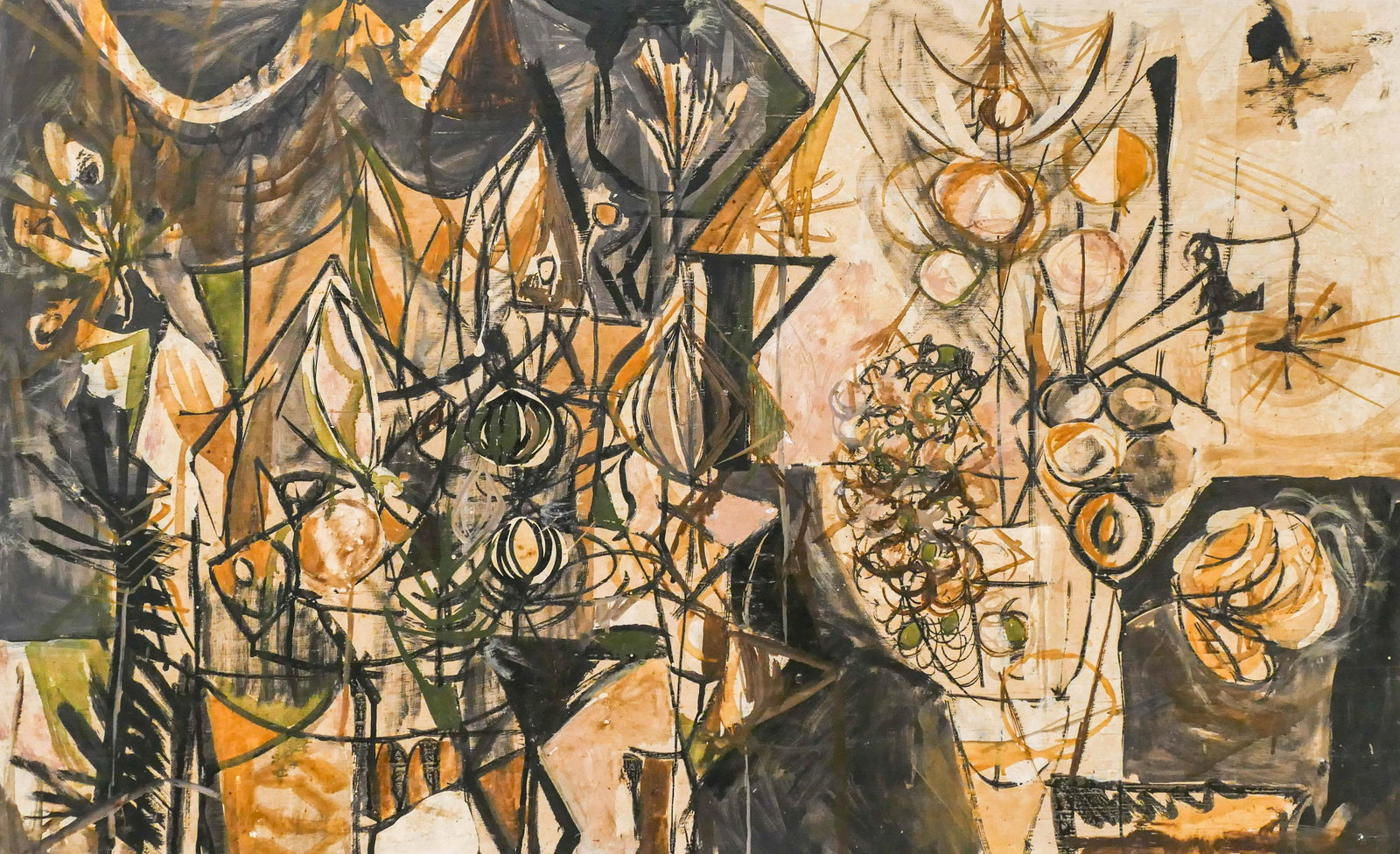 Milton Wilson (1923-2004 Oregon) ''The Moon Tree'': Milton Wilson (1923-2004 Oregon) ''The Moon Tree'' 1950's Oil on Panel 23.5''x38''. A scarce early abstraction. Signed faintly l.l. and titled on verso. Unframed. A few scattered small surface marks.