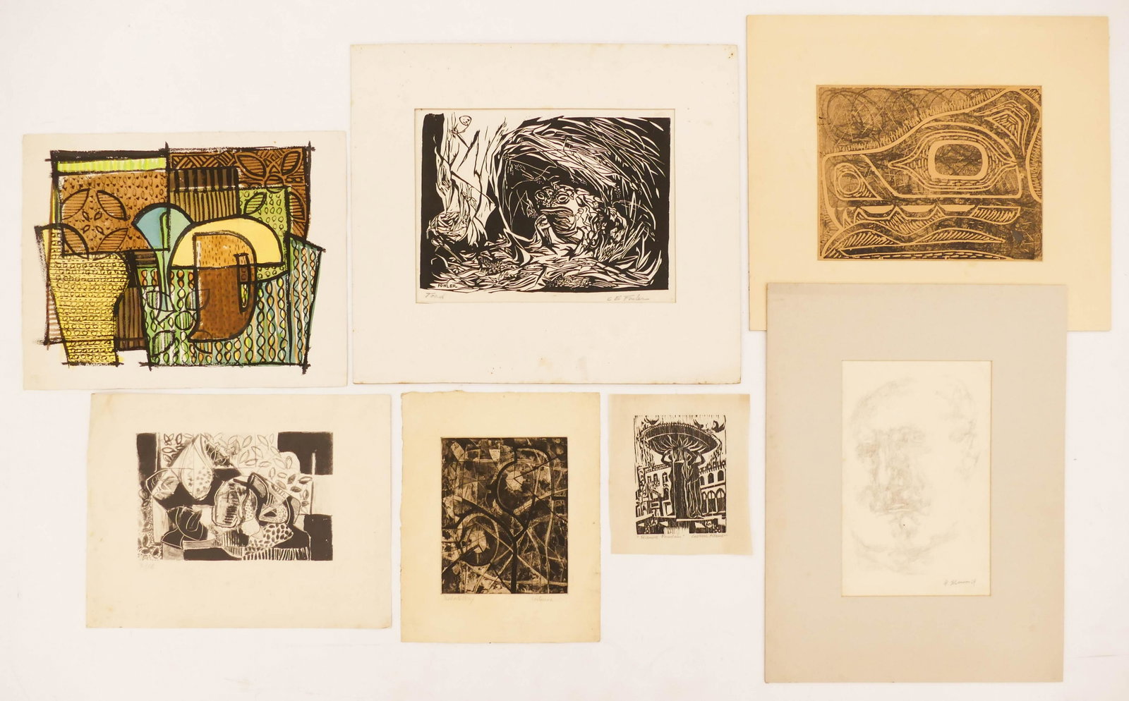 7pc Mid Century Oregon Artist Prints & Drawings 6''x5'': 7pc Mid Century Oregon Artist Prints & Drawings 6''x5'' to 12''x9'' Images. Includes a LaVerne Krause ''Skidmore Fountain'' linocut, Gordon Gilkey ''Nocturne'' etching, Constance Fowler ''Toad'' woodc