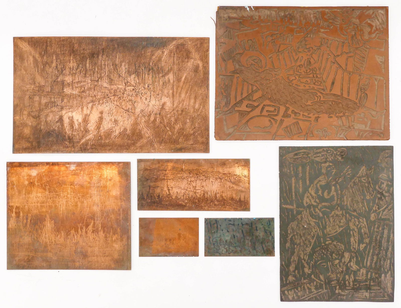 8pc Windsor Utley (1920-1989 Washington) Etching and: 8pc Windsor Utley (1920-1989 Washington) Etching and Linocut Plates with Woodblock Print. Includes five abstract copper engraved plates 3''x4.5'' to 9''x15'', two figurative linocut plates, and a wood