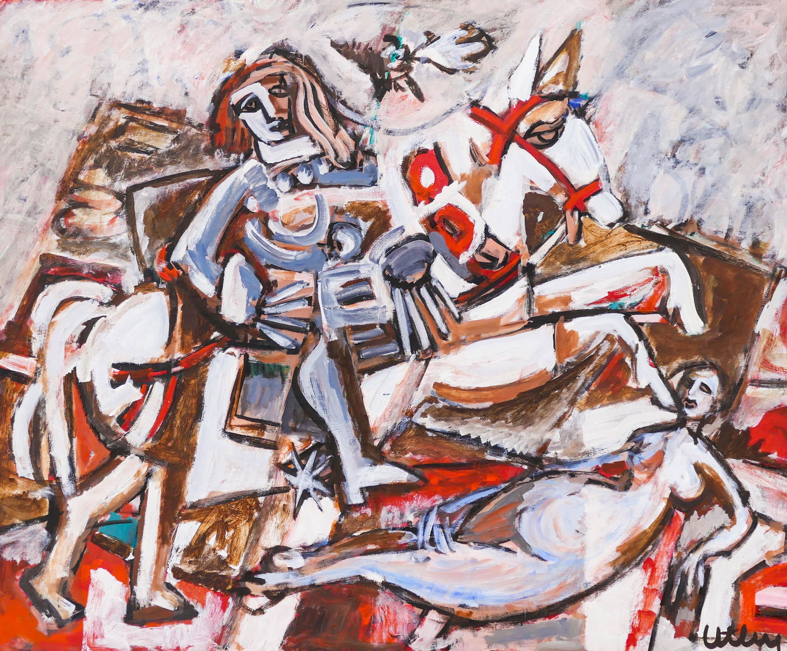 Windsor Utley (1920-1989 Washington) ''Night Rider'': Windsor Utley (1920-1989 Washington) ''Night Rider'' 1970's Acrylic on Masonite 39''x48'' Image. A colorful large figurative abstraction. Signed l.r. with Foster/White Gallery, Seattle label on verso.