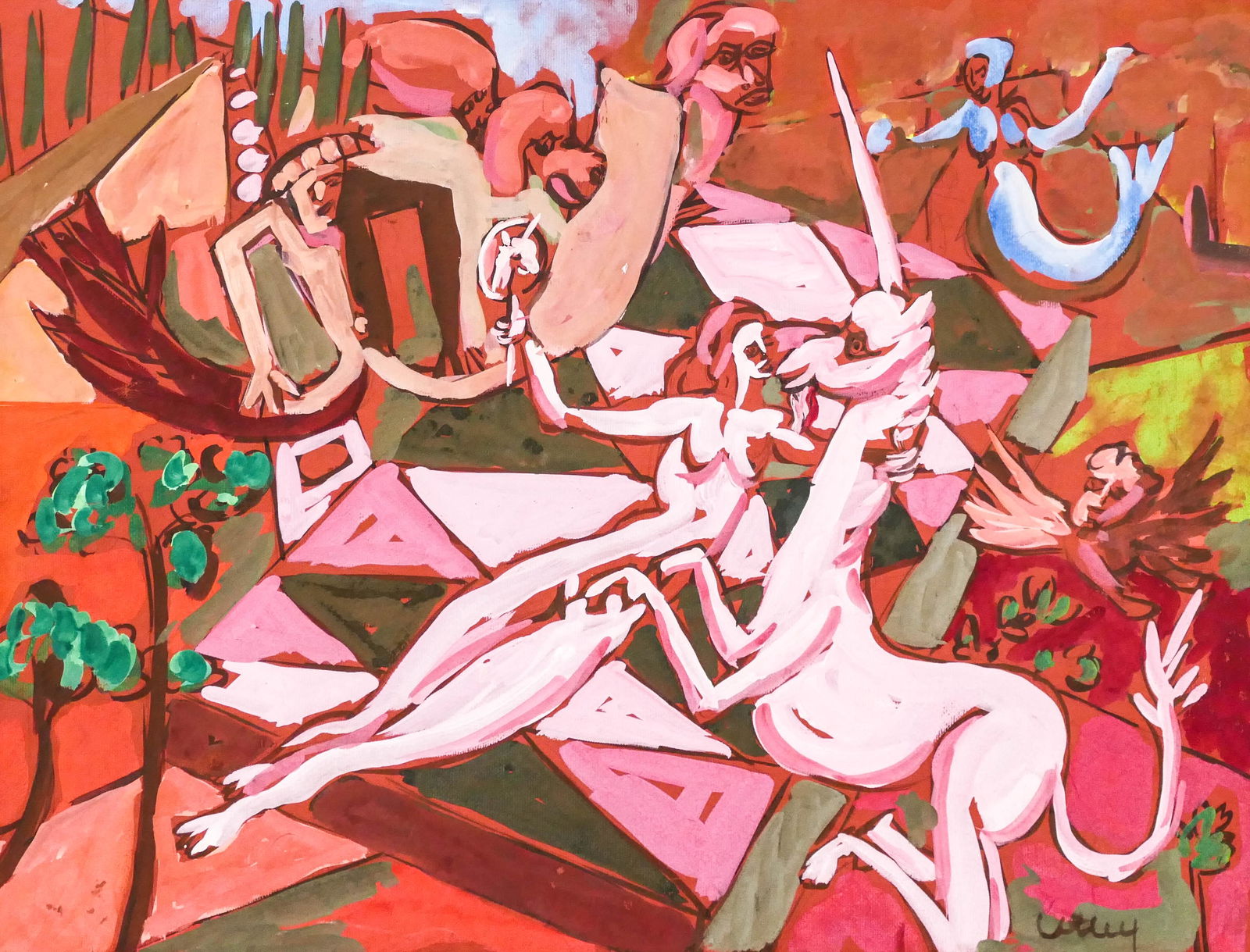 Windsor Utley (1920-1989 Washington) ''Venus and: Windsor Utley (1920-1989 Washington) ''Venus and Unicorn'' 1971 Oil on Masonite 20''x26'' Image. A colorful large Italian fantasy series painting. Signed l.r. with Foste/White Gallery, Seattle label o