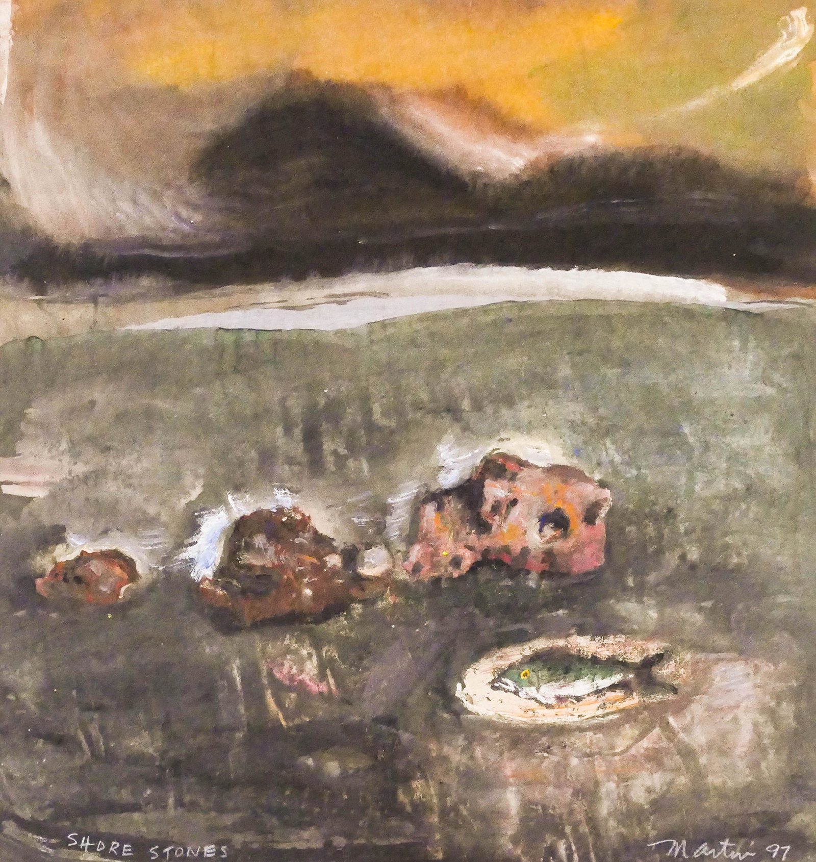 James Martin (b.1928 Washington) ''Shore Stones'' 1997: James Martin (b.1928 Washington) ''Shore Stones'' 1997 Tempera on Paper 14''x13'' Sight. A northwest mystic landscape with fish and rocks. Signed l.r. with Foster/White Gallery, Seattle label on verso