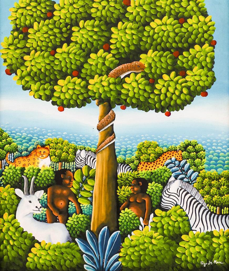 Jean-Marc Cayo (b.1958 Haitian) ''Adam & Eve'' Acrylic: Jean-Marc Cayo (b.1958 Haitian) ''Adam & Eve'' Acrylic on Canvas 24''x20'' Image. A colorful Haiti composition. Signed l.r. Framed 26''x22''. Excellent condition. From the Ralph & Terrel Kaplan Collec