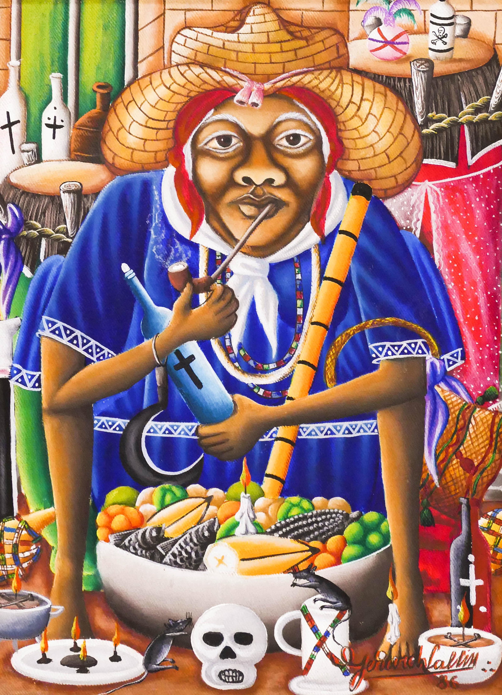 Gerard Valcin (1924-1988 Haitian) Seated Voodoo: Gerard Valcin (1924-1988 Haitian) Seated Voodoo Priestess 1986 Oil on Canvas 16''x12'' Image. A colorful Haiti composition. Signed and dated l.r. Framed 19''x15''. Excellent condition. From the Ralph 