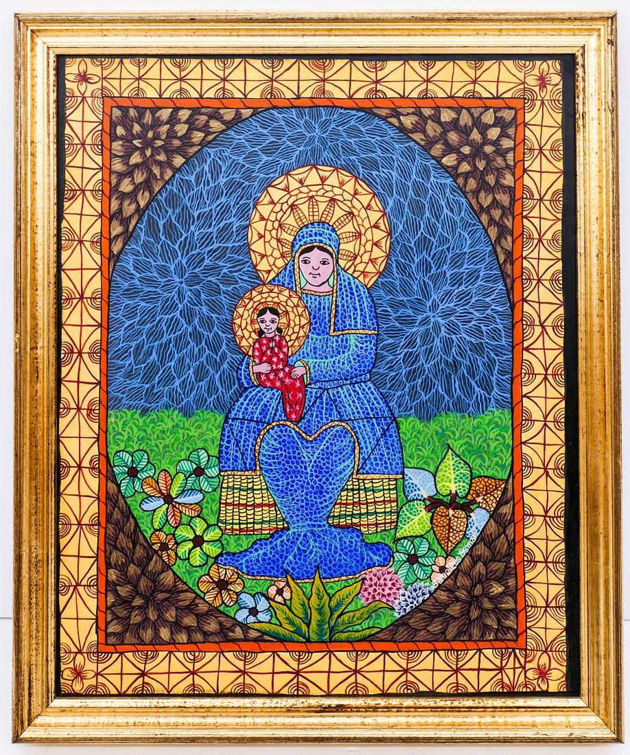 Sincilius Ismael (20th Cent. Haitian) Madonna and Child: Sincilius Ismael (20th Cent. Haitian) Madonna and Child Acrylic on Canvas 19''x15.5'' Image. A colorful painting from Haiti. Signed l.r. Framed 21.5''x18''. Excellent condition.