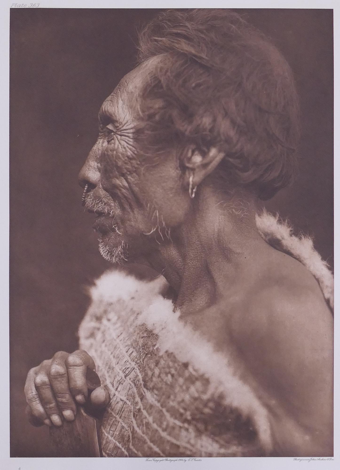 Edward Curtis 'Tsulniti-Koskimo' Photogravure: Edward Curtis (1868-1952 Washington) 'Tsulniti-Koskimo' Photogravure. Plate 363. Reads ''From Copyright Photograph 1914 E.S. Curtis'' below image. Holland Van Gelder Paper watermark in margin. Image m