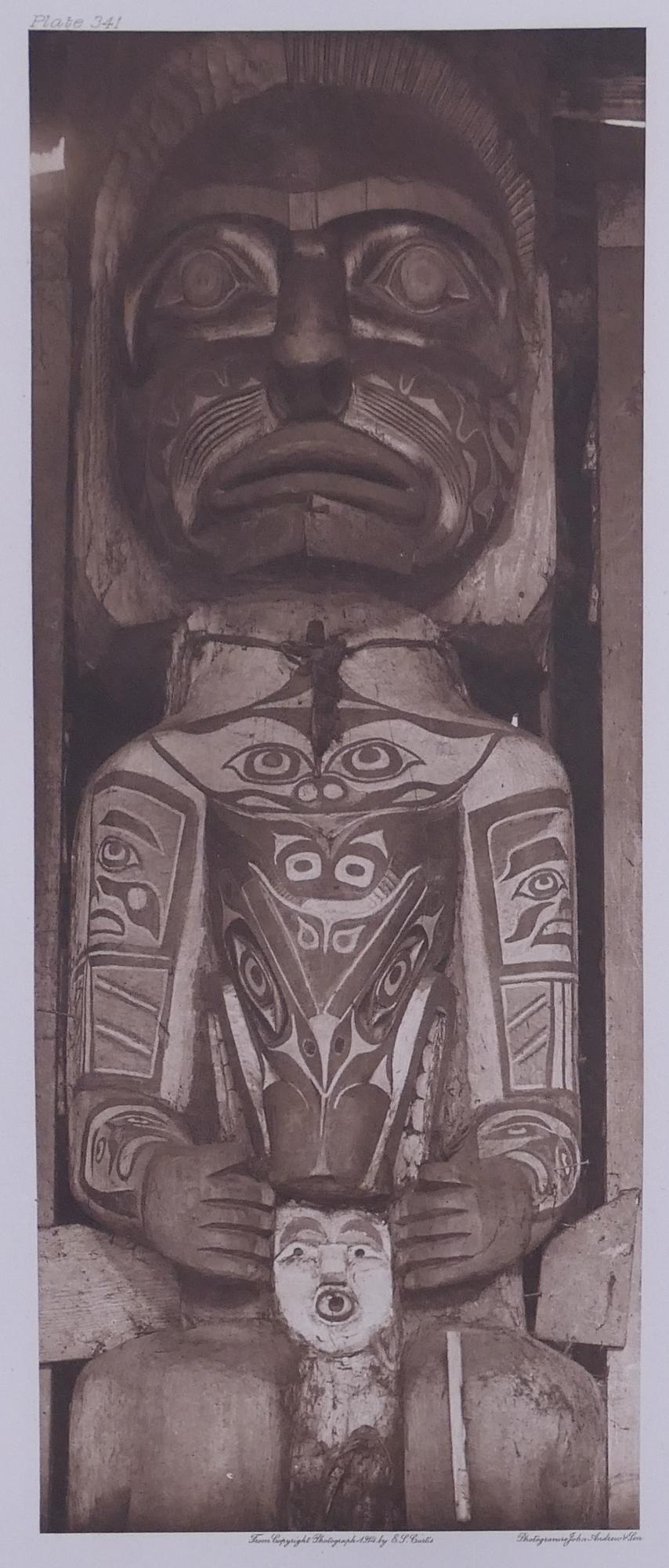 Edward Curtis 'A Koskimo House Post' Photogravure: Edward Curtis (1868-1952 Washington) 'A Koskimo House Post' Photogravure. Plate 341. Reads ''From Copyright Photograph 1914 E.S. Curtis'' below image. Holland Van Gelder Paper watermark in margin. Ima