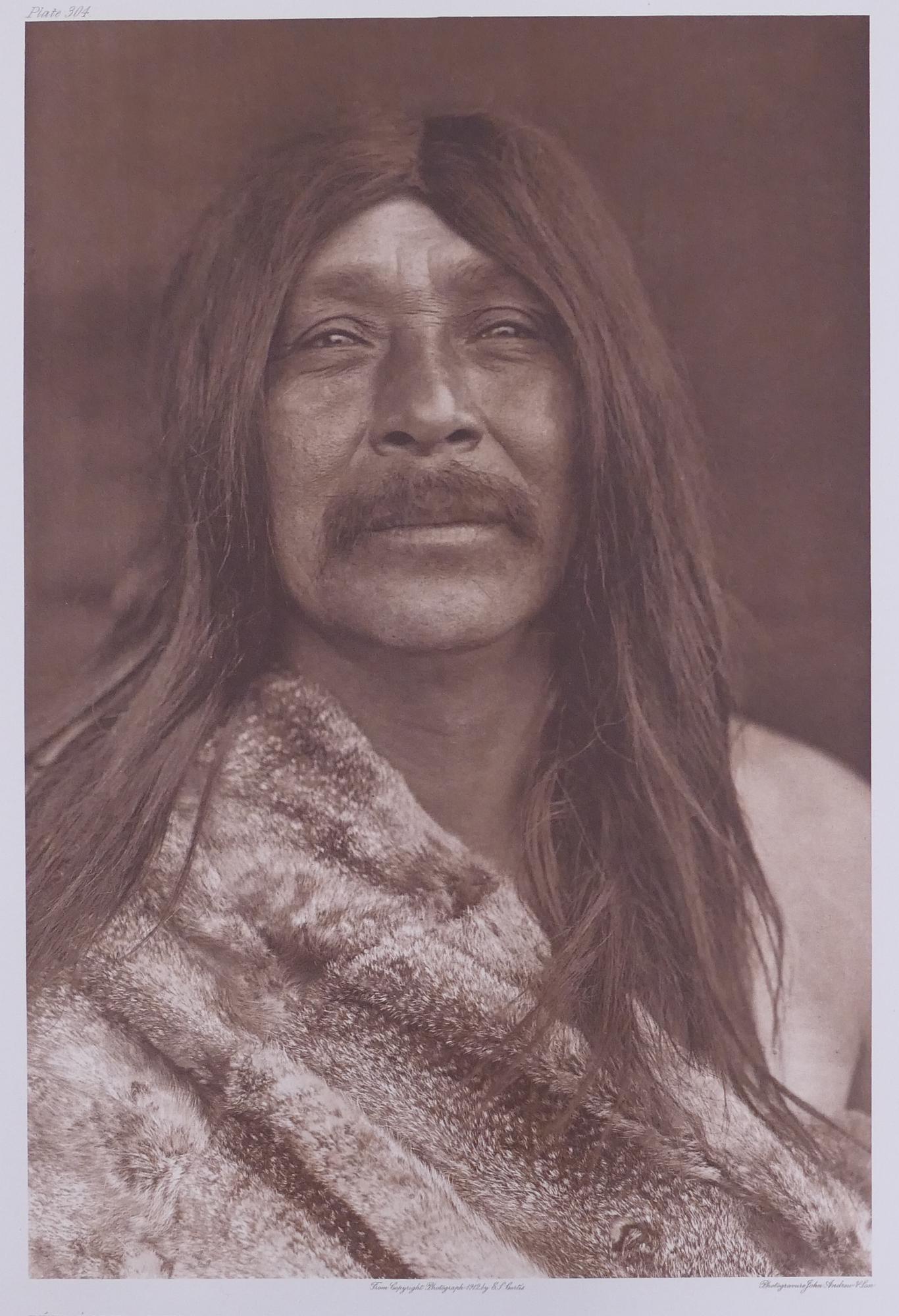 Edward Curtis 'Lelehalt-Quilcene' Photogravure: Edward Curtis (1868-1952 Washington) 'Lelehalt-Quilcene' Photogravure. Plate 304. Reads ''From Copyright Photograph 1912 E.S. Curtis'' below image. Holland Van Gelder Paper watermark in margin. Image 