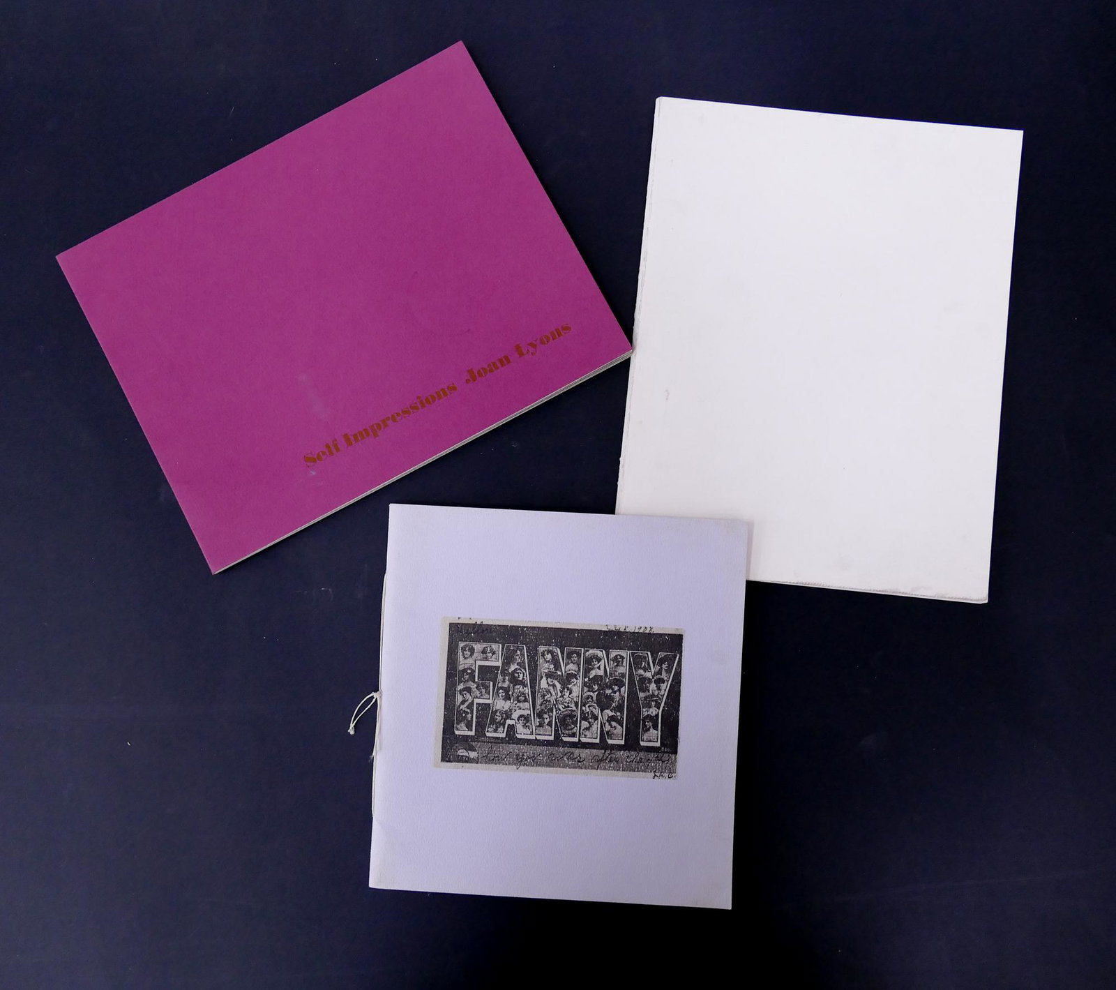 3pc Visual Studies Workshop Artist Books: 3pc Visual Studies Workshop Artist Books. Includes 'Self Impressions Joan Lyons' 1972 (8.25 x 10.75''), 'What Should I Say About the Visual Studies Workshop' 1972 (10.75x8.5''), and 'Fanny' by Kenda N
