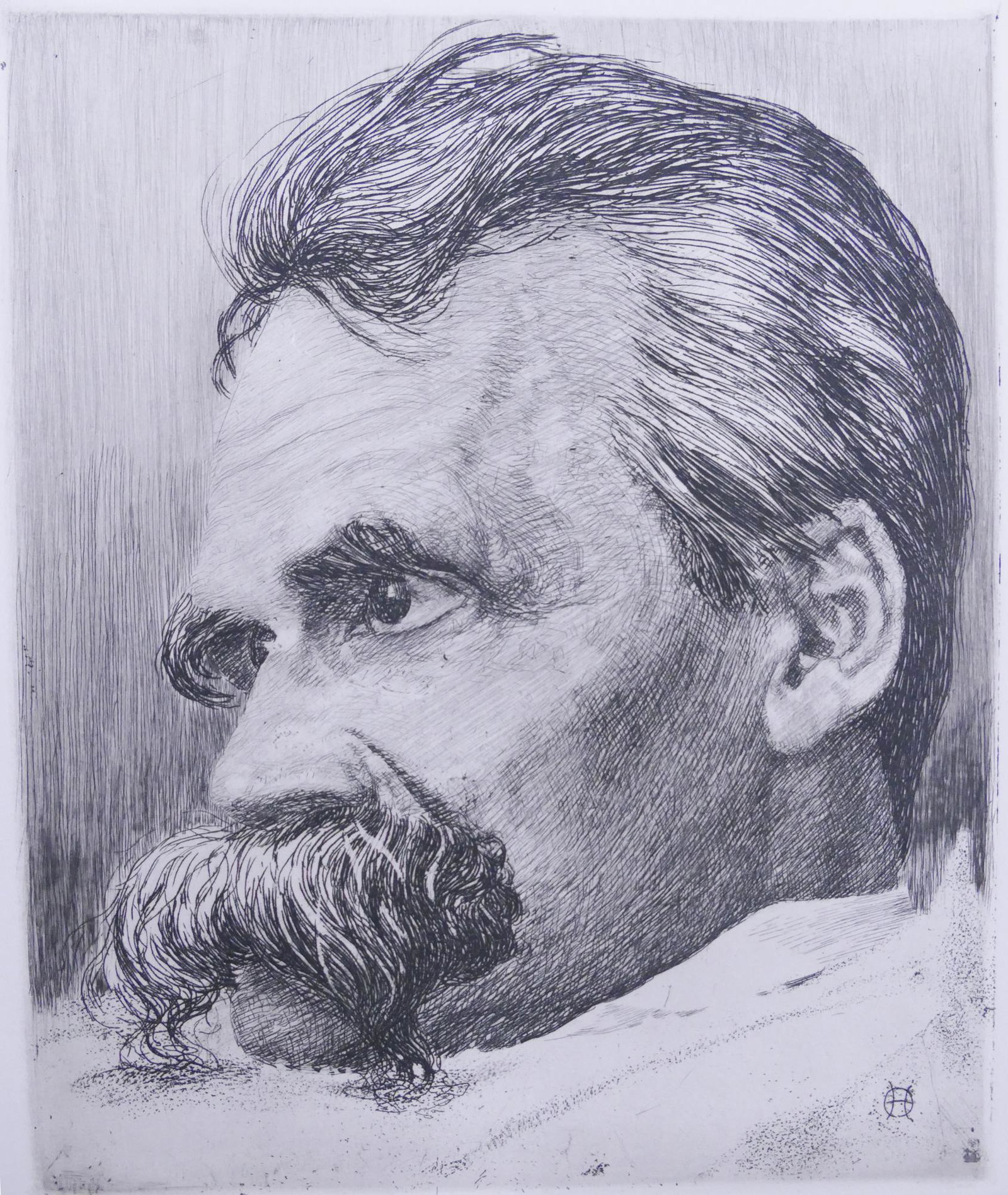 Hans Olde Portrait of Fredrich Nietzsche Etching: Hans Olde (1855-1917 German) Portrait of Fredrich Nietzche Etching. Image measures 7.5 x 6.25'' and is on loose sheet measuring 13 x 10''. Good condition.