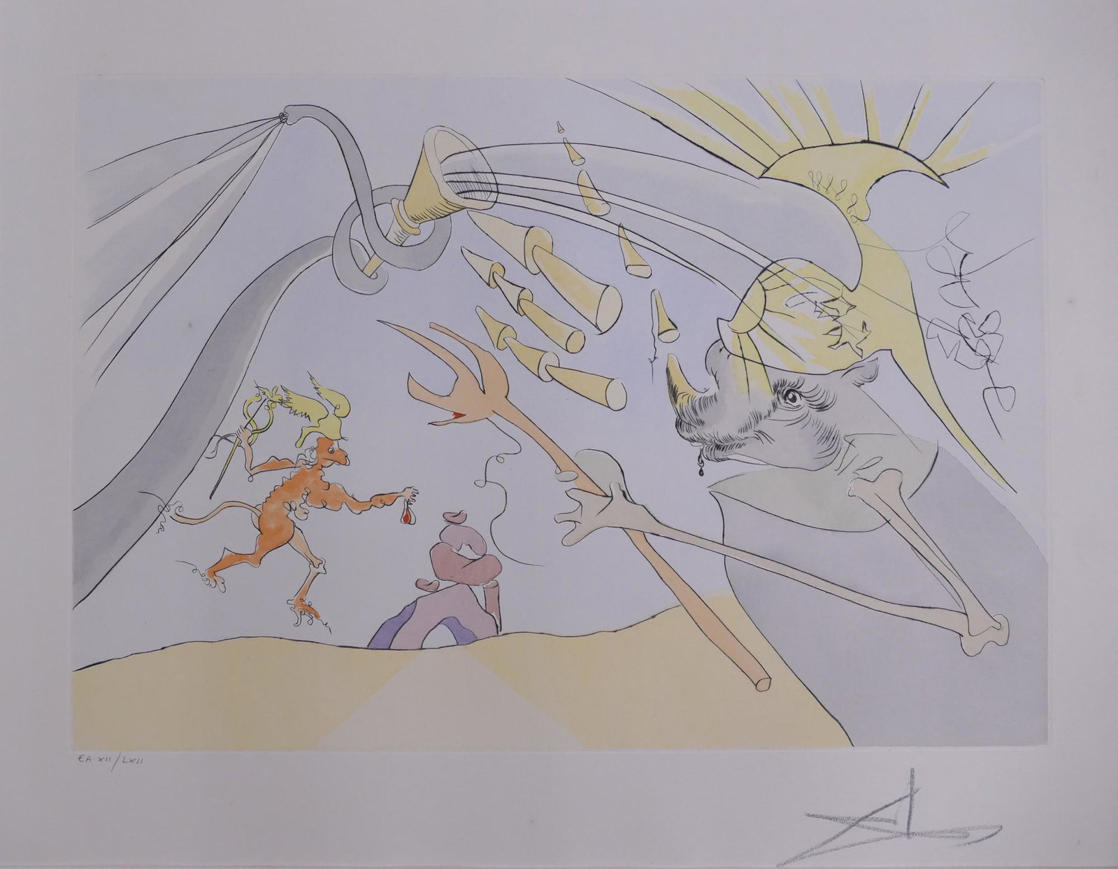 Salvador Dali 'L'Elephant et le Singe de Jupiter': Salvador Dali (1904-1989, Spain) 'L'Elephant et le Singe de Jupiter' (The Elephant and the Monkey) Color Engraving from Le Bestiaire de La Fontaine on Auvergne paper. Field 74-1 B. Pencil signed lower