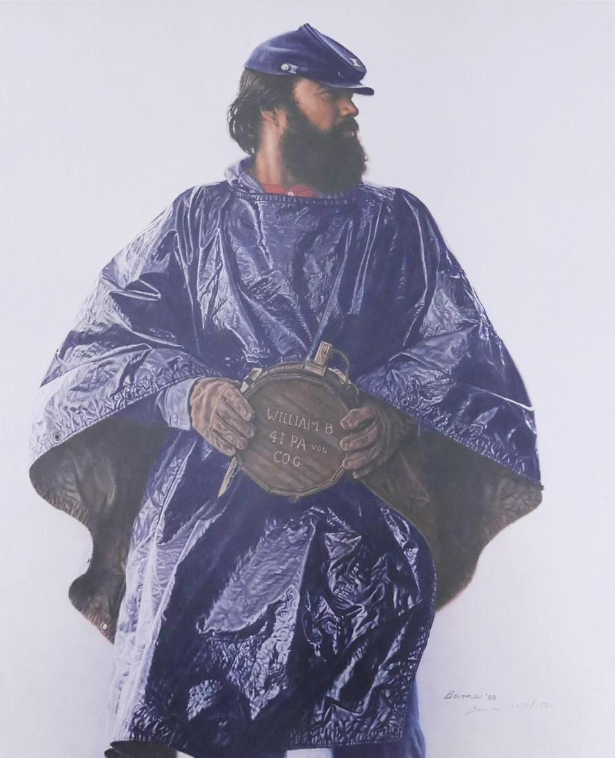 James Bama 'The Volunteer' Signed Lithograph: James Bama 'The Volunteer' Pencil Signed Limited Edition Lithograph. 1988, The Greenwich Workshop, Inc. Artwork depicts Civil War soldierwith canteen. Pencil signed at lower right of print and edition