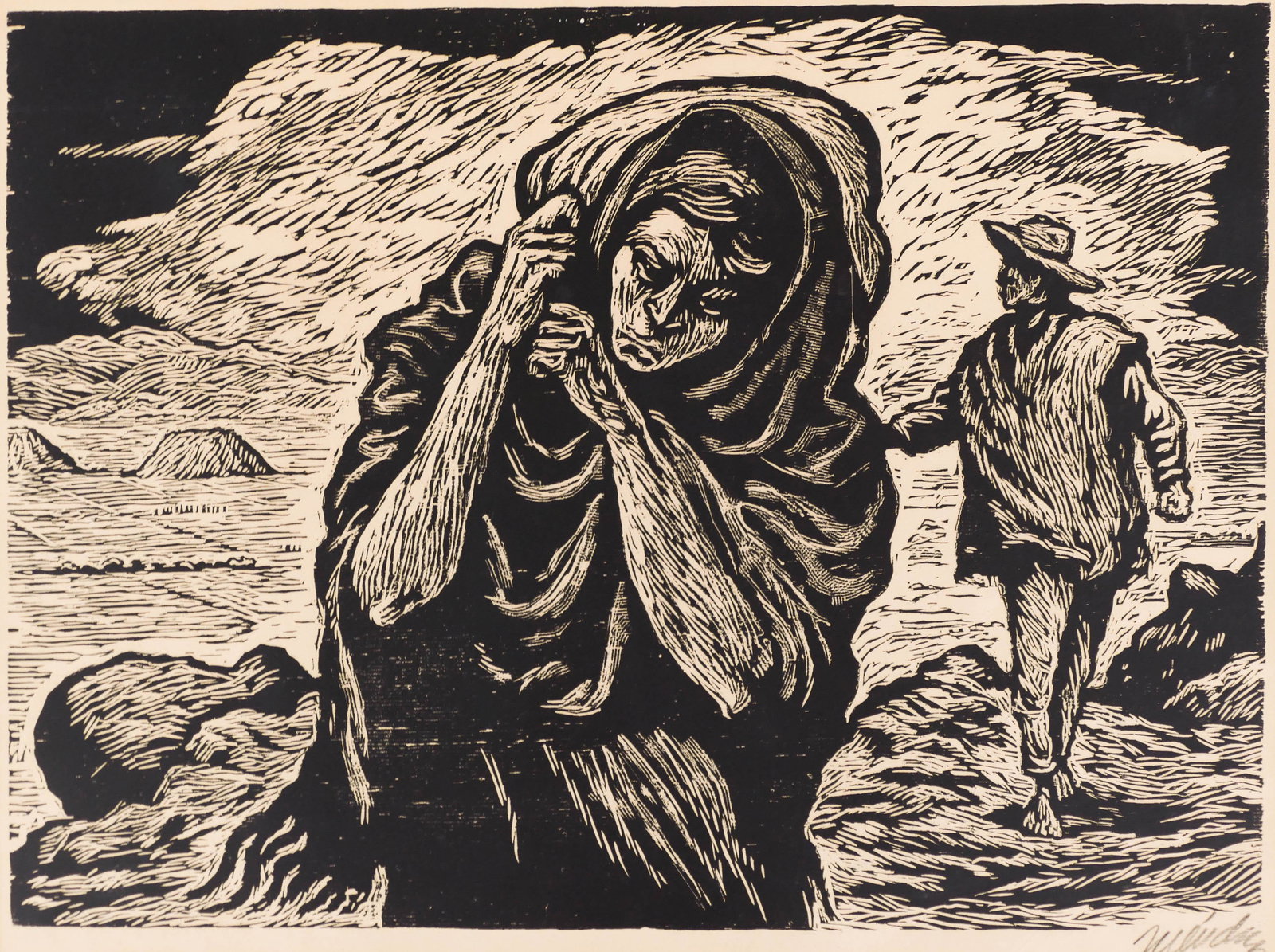 Leopoldo Mendez Woodcut Print: Leopoldo Mendez (1902-1969 Mexican) Woodcut Print of Woman in Shawl. Images measures 12x16.5'' and is signed at lower right corner. Print has not been removed from frame and appears to be in excellent
