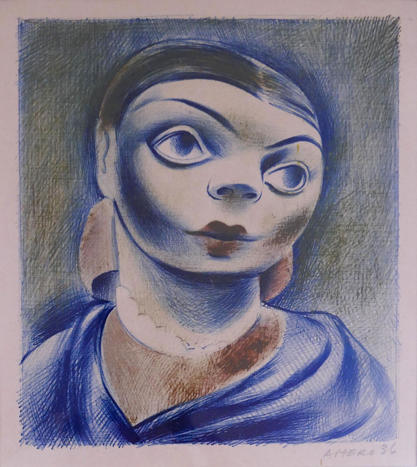 Emilio Amero Portrait of a Woman Color Lithograph: Emilio Amero (1901-1976 Mexico, American) 'Woman in Blue' Color Lithograph. Pencil signed and dated 1936 at lower right. Images measures 6.5 x 5.5''. Even toning and possibly dulled reds. Framed with