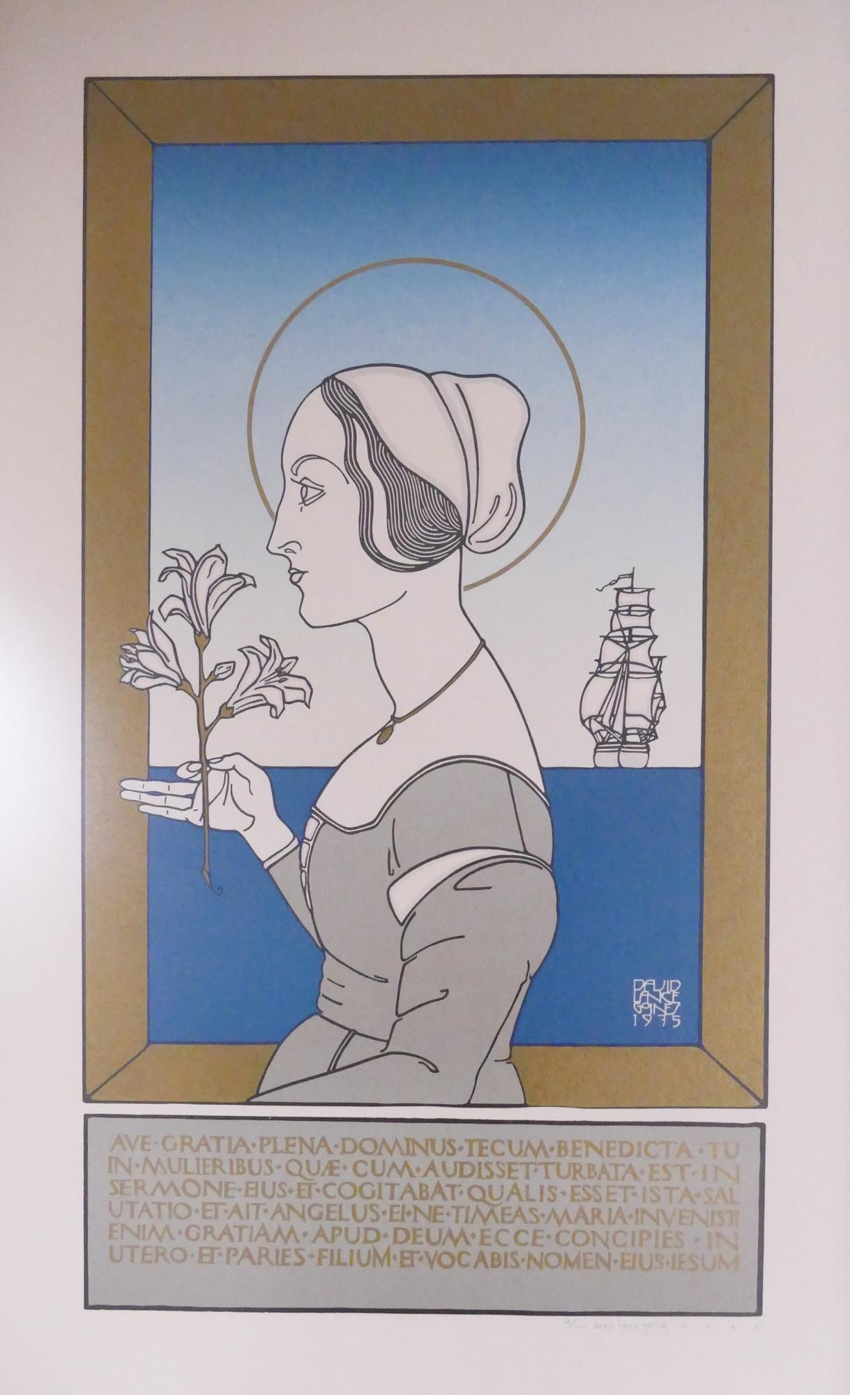 David Lance Goines Signed Annunciation Lithograph: David Lance Goines (b. 1945 California) Signed 'Annunciation' Lithograph. 1975. Pencil signed at lower right, edition 22/100. Image measures 20x11'' and overall framed dimensions are 25x16''. Great co