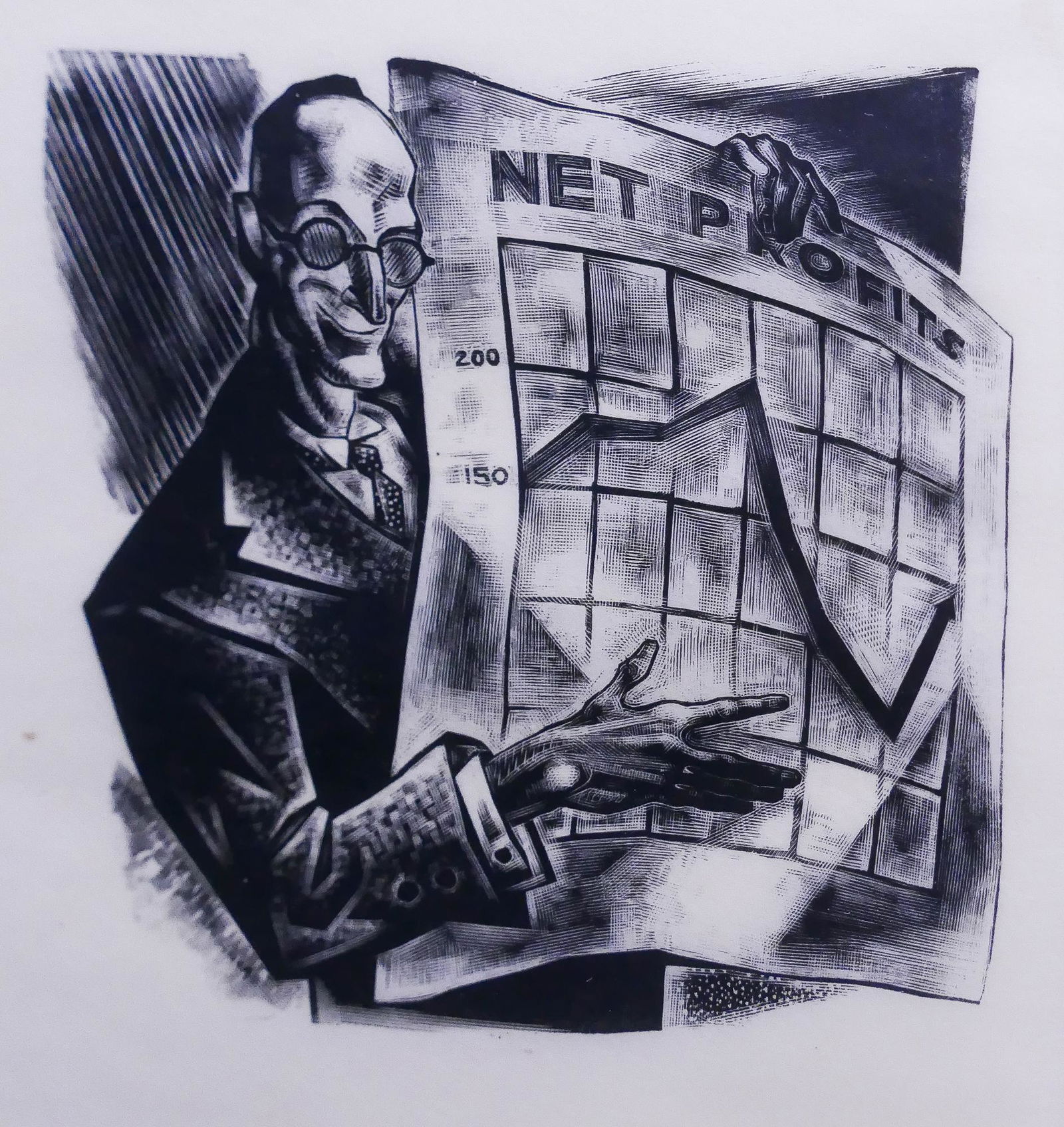 Lynd Ward 'Net Profits' Wood Engraving: Lynd Ward (1905-1985 New York) 'Net Profits' Wood Engraving. Original woodcut engraving by famed early 20th Century Graphic Novelist. Woodcut measures 3.5 x 3.5'' and is professionally framed with ove