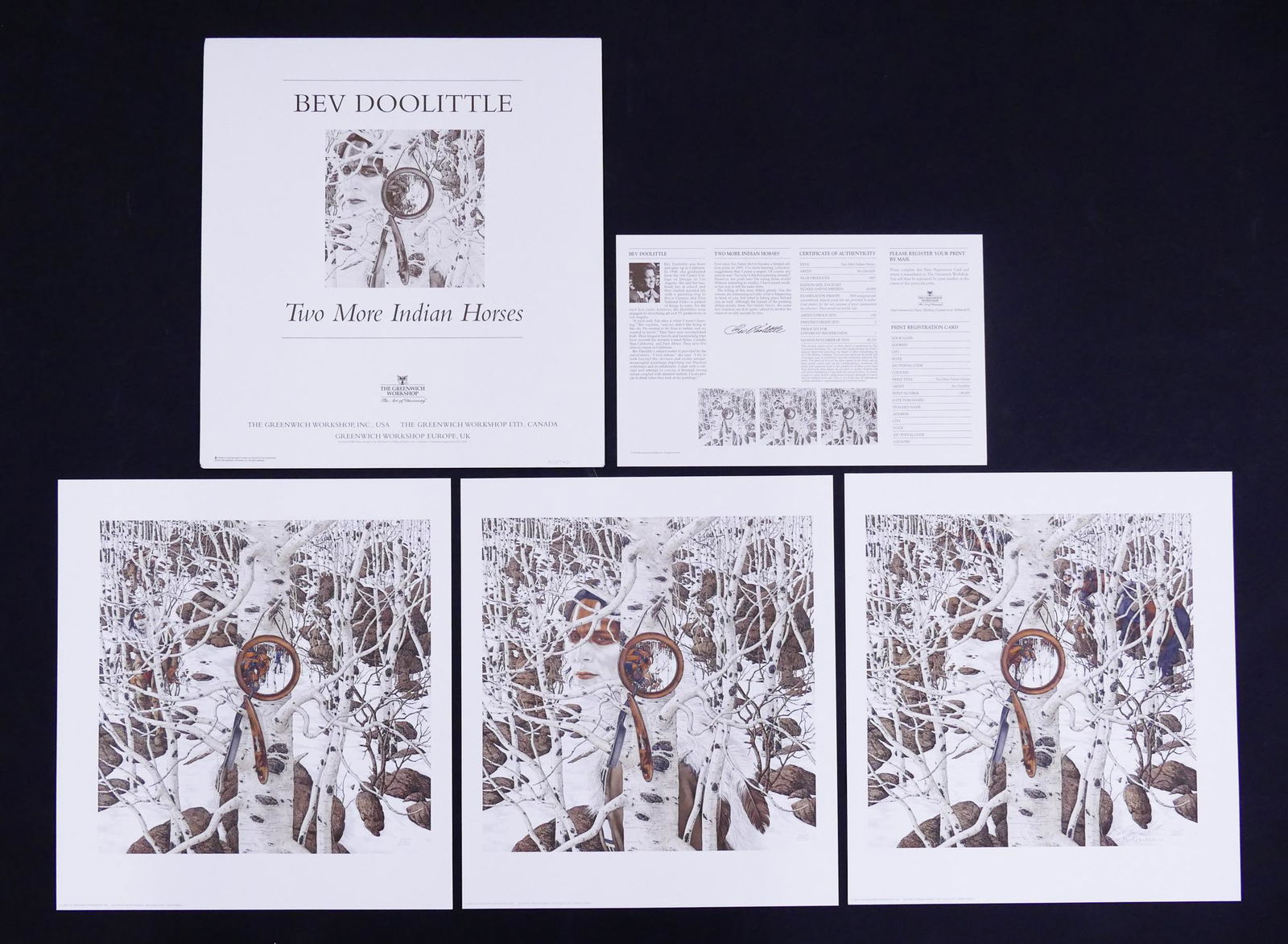 Bev Doolittle Two More Indian Horses S/N Lithos: Bev Doolittle (b. 1947 California) 'Two More Indian Horses' S/N 3 Piece Lithograph. Edition 5427/48,000. 1995, The Grennwich Workshop. Each loose print is differnt and go together to make a triptych o