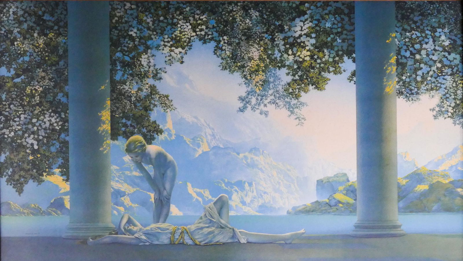 Maxfield Parrish 'Daybreak' House of Art Lithograph: Maxfield Parrish (1870-1966 New Hampshire) 'Daybreak' House of Art Lithograph. Print measures 18x30'' and is in period Art Nouveau Carved Frame with overall measurements of 22.5 x 34.5''. Print is in