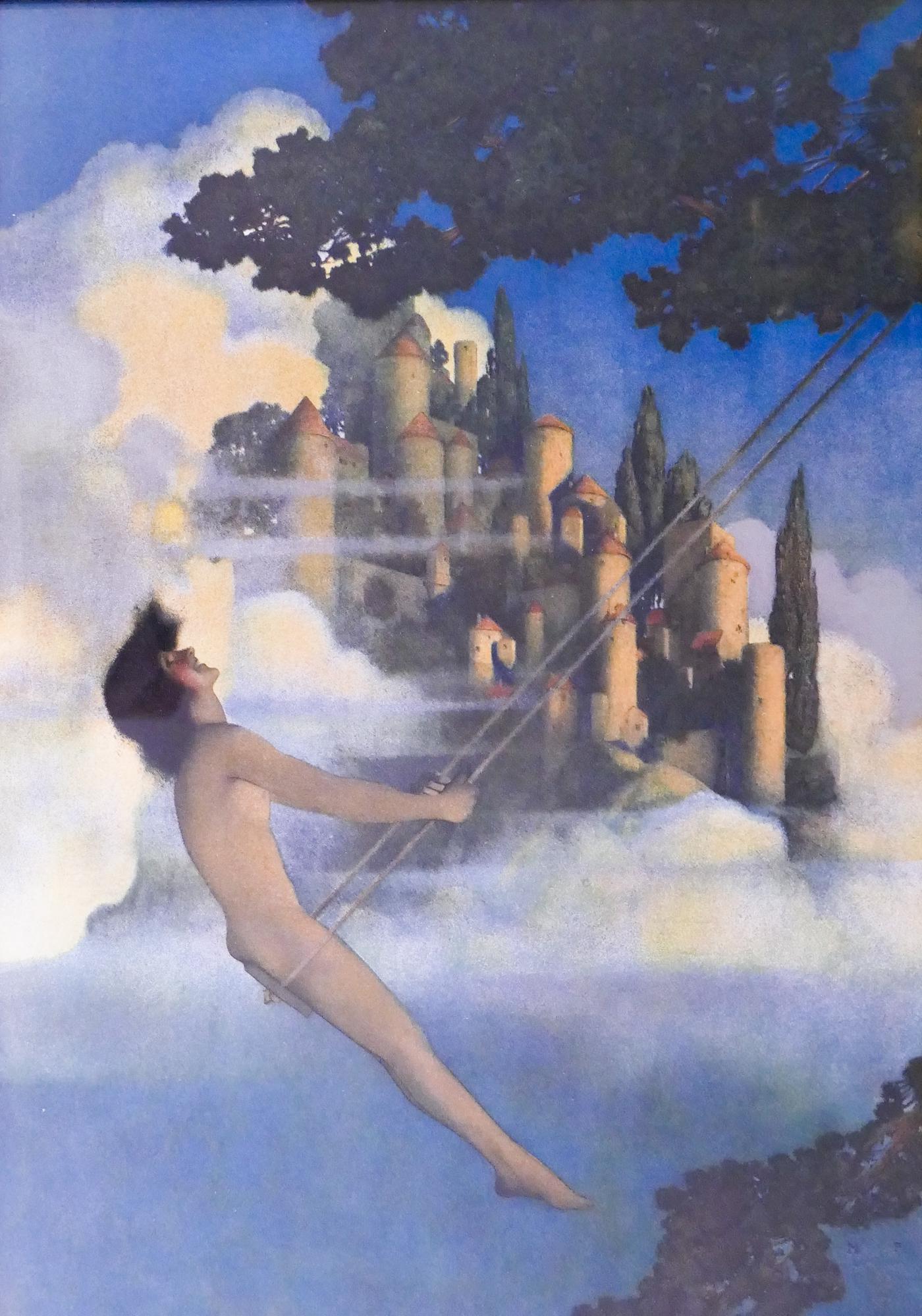 Maxfield Parrish 'The Dinky-Bird' Lithograph: Maxfield Parrish (1870-1966 New Hampshire) 'The Dinky-Bird' Charles Scribner's Sons Lithograph. 1905. Print measures 11 x 16'' and is in period Oak Frame with overall measurements of 19.5 x 15''. Prin