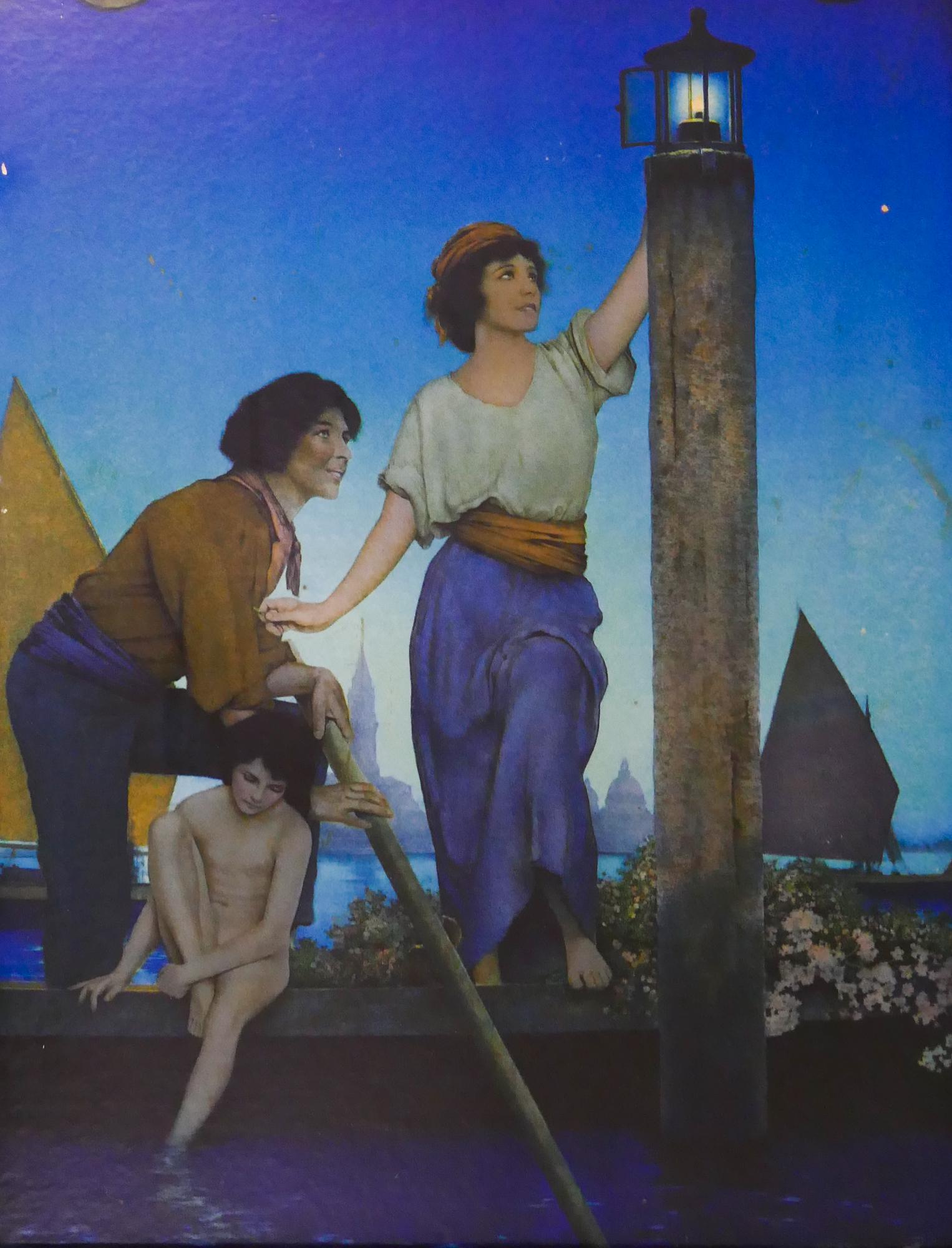 Maxfield Parrish Venetian Lamplighter Edison Mazda: Maxfield Parrish (1870-1966 New Hampshire) 'Venetian Lamplighter' Edison Mazda Calendar Cropped Print. 1924. Print measures 18.5 x 14.5'' and is in vintage frame with overall measurements of 22 x 18''