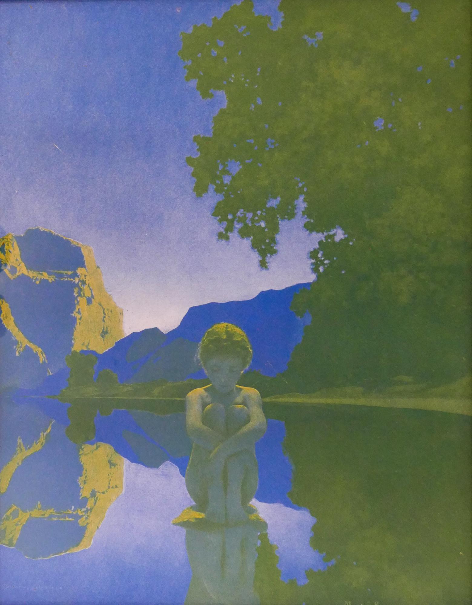 Maxfield Parrish 'Evening' Lithograph: Maxfield Parrish (1870-1966 New Hampshire) 'Evening' Reinthal & Newman Lithograph. 1922. Print measures 12 x 15'' and is in period carved frame with overall measurements of 13x16''. Print is in good c