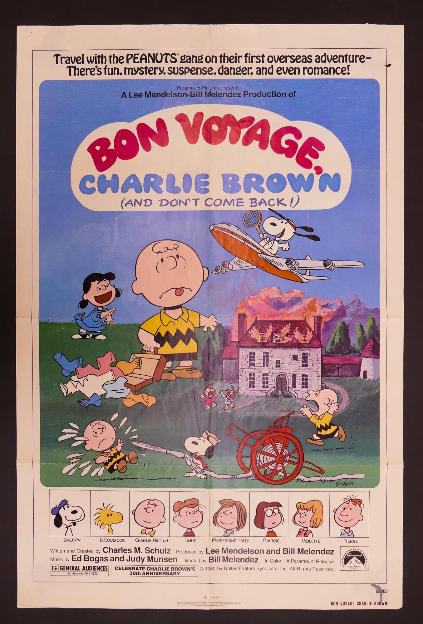 Bon Voyage Charlie Brown (Paramount, 1980) Poster: Bon Voyage Charlie Brown (Paramount, 1980) Movie Poster. Created by Charles M. Schulz. Poster measures 41.5 x 27''. Some light wear to original poster and visible fold lines.tear to lower right corner