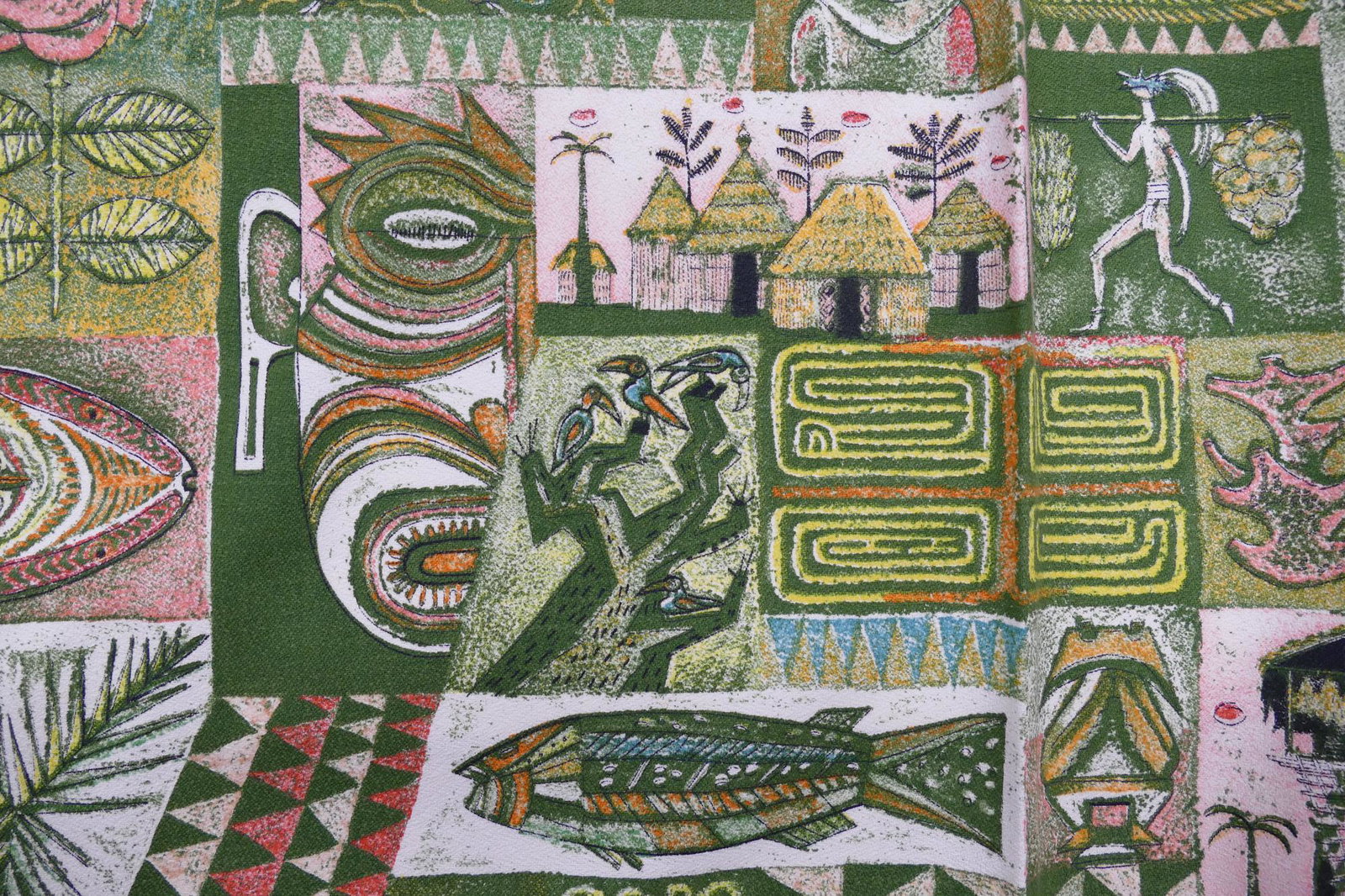 Aaron Bohrod 'Pagan Magic' 1952 Fabric Bolt: Aaron Bohrod (1907-1992, American) for Riverdale Fabric 'Pagan Magic' 1952. Midcentury Modern design New Old Stock (NOS). Fabric measures 47.25'' wide and 111'' long with pattern measuring 45'' wide.