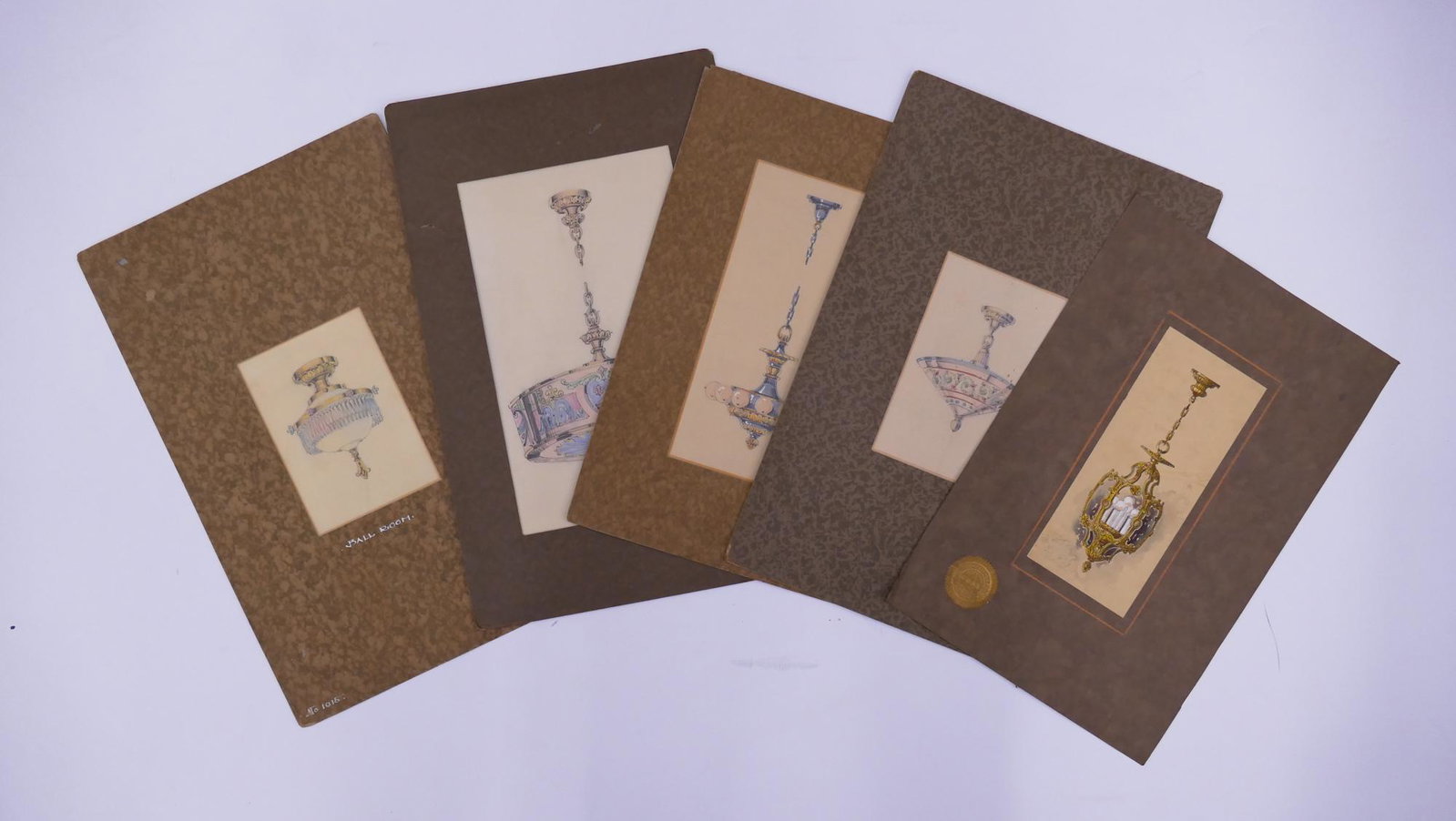 5pc 1920's Bailey-Wagner Lighting Studios Drawings: 5pc Antique Bailey-Wagner Lighting Studios Pendant Lamp Drawings. One drawing with embossed seal dating to 1924. Drawings are mounted to mat board. Images range in size from 9x6'' to 15x9'' and overal