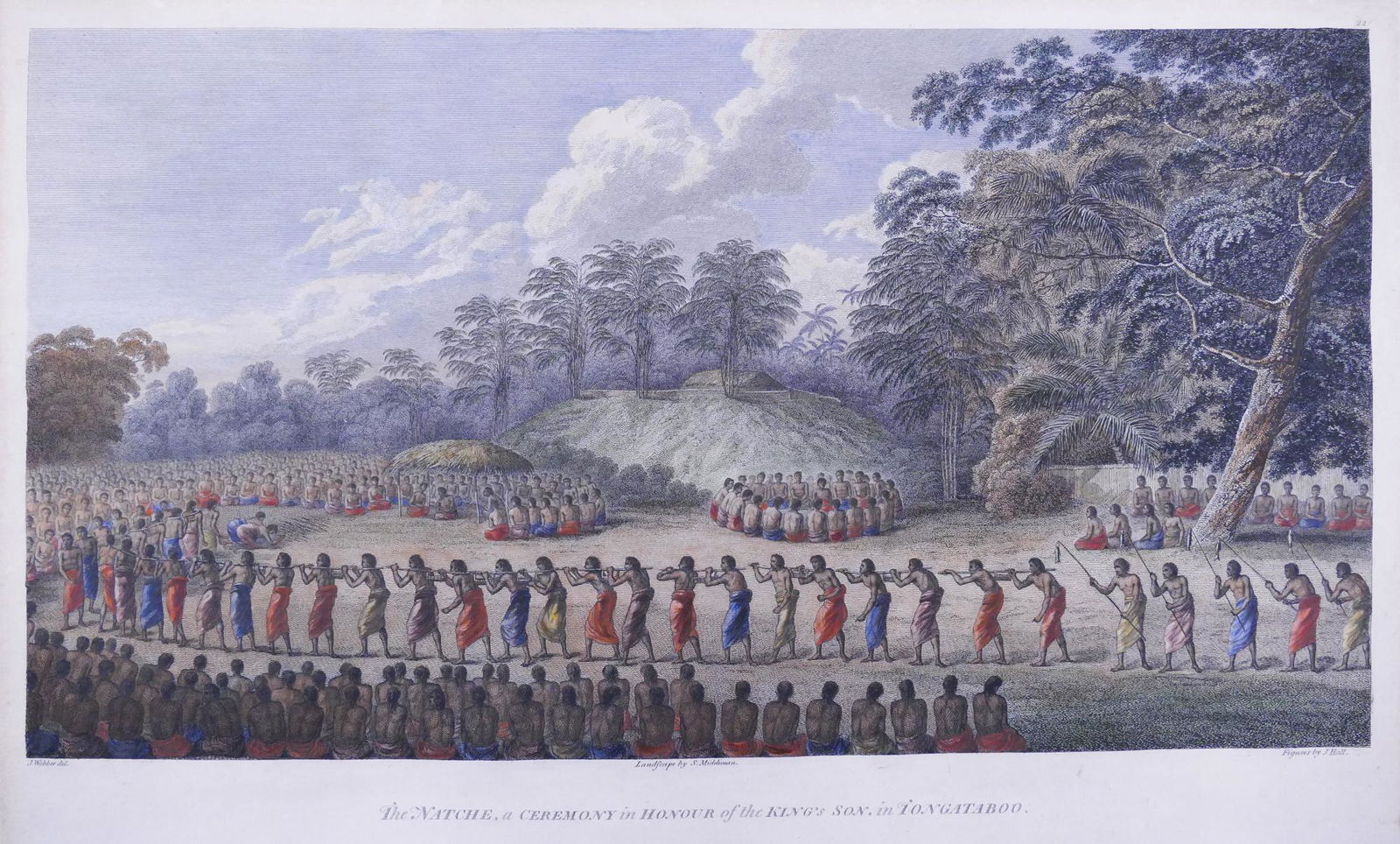Captain Cook's Voyage The Natche Colored Engraving: Captain Cook's Voyage 'The Natche' Colored Engraving. Image is titled 'The Natche, a Ceremony in Honour of the King's Son, in Tongataboo'. Engraving after a drawing by John Webber from Captain Cook's