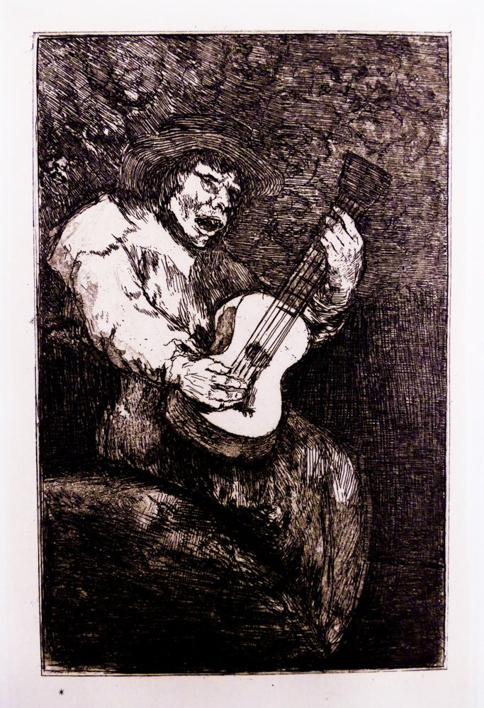 Francisco de Goya 'El Cantor Ciego' Etching: Francisco de Goya (1746-1828 Spanish) 'El Cantor Ciego' (The Blind Singer) Aquatint Etching. Plate impression measures 7.5 x 4.75" on roughly 9.5 x 6.75" sheet. Toning throughout with heavy toning in 