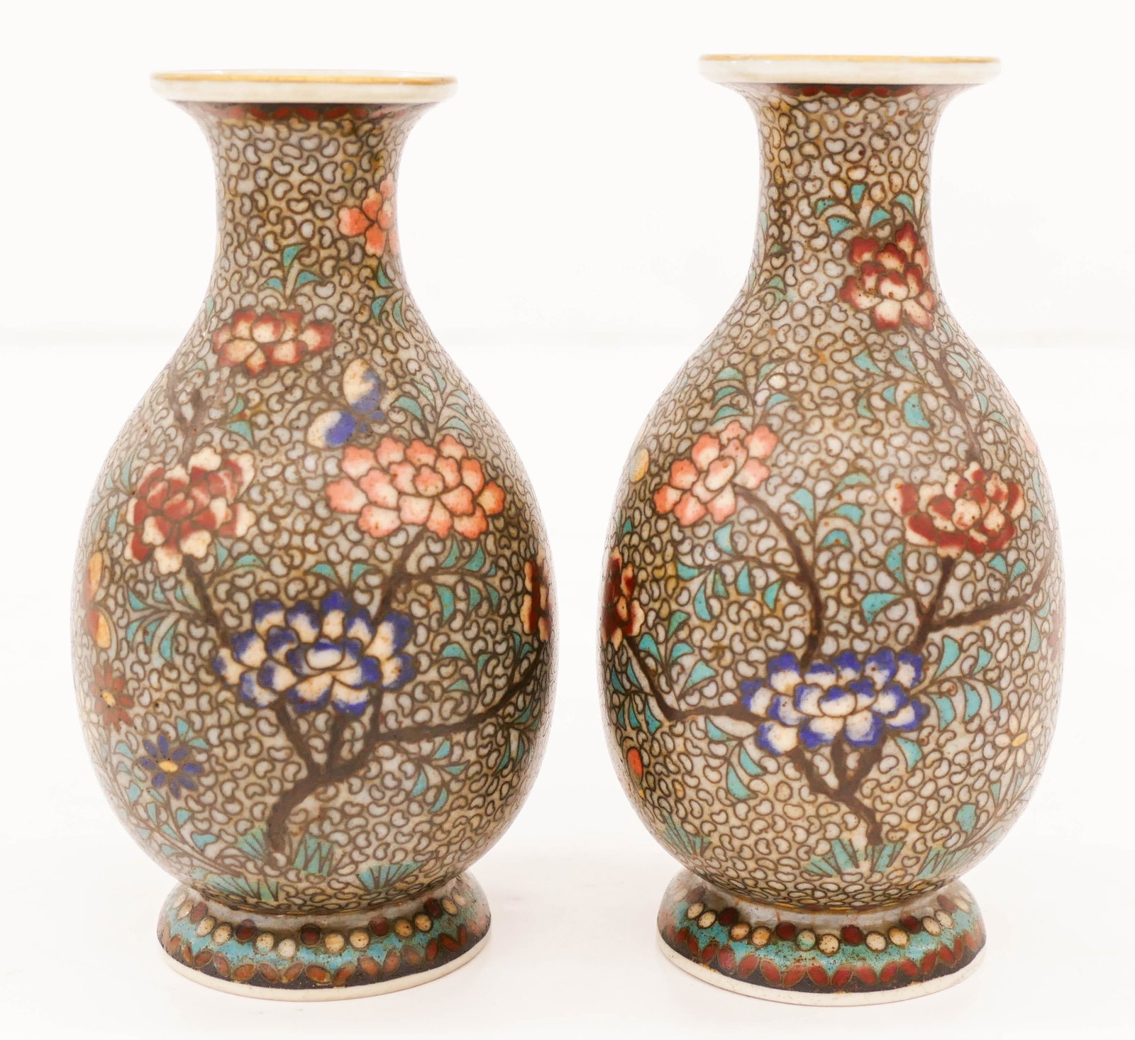 Pair of Japanese Meiji Totai Shippo Cabinet Vases: Pair of Japanese Meiji Totai Shippo Cabinet Vases 5.25''x2.75''. A true opposing pair of cloisonne over porcelain vases with peony branches. Signed on bottom. Excellent condition. Estate of Margaret F
