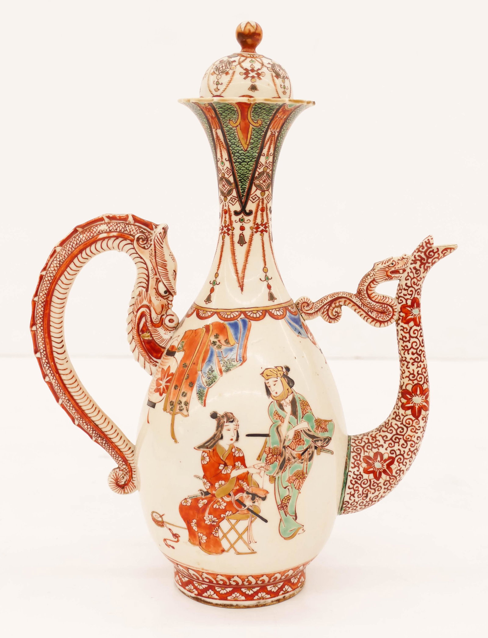 Japanese Meiji Kutani Porcelain Dragon Ewer: Japanese Meiji Kutani Porcelain Dragon Ewer 12.5''x9.5''. Unusual large polychrome decorated dragon handle ewer with samurai motif. Green fuku mark. Repaired finial on lid. Estate of Margaret Flagg, M