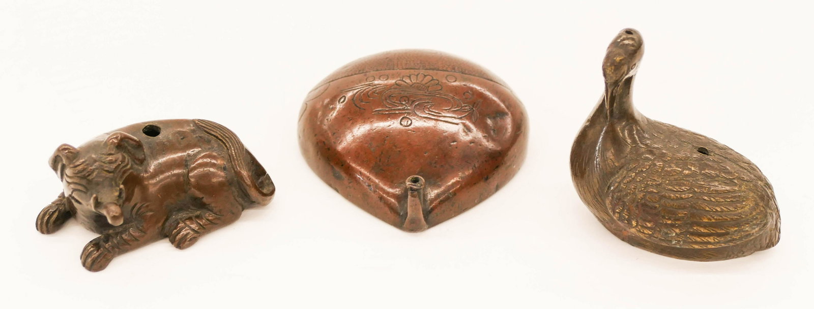 3pc Japanese 19th Cent. Bronze Suiteki Water Droppers: 3pc Japanese 19th Cent. Bronze Suiteki Water Droppers 2.5'' Approx. A trio of figural water droppers including a crane, elephant, and early decorated peach form. Scattered surface wear from age. Edo o