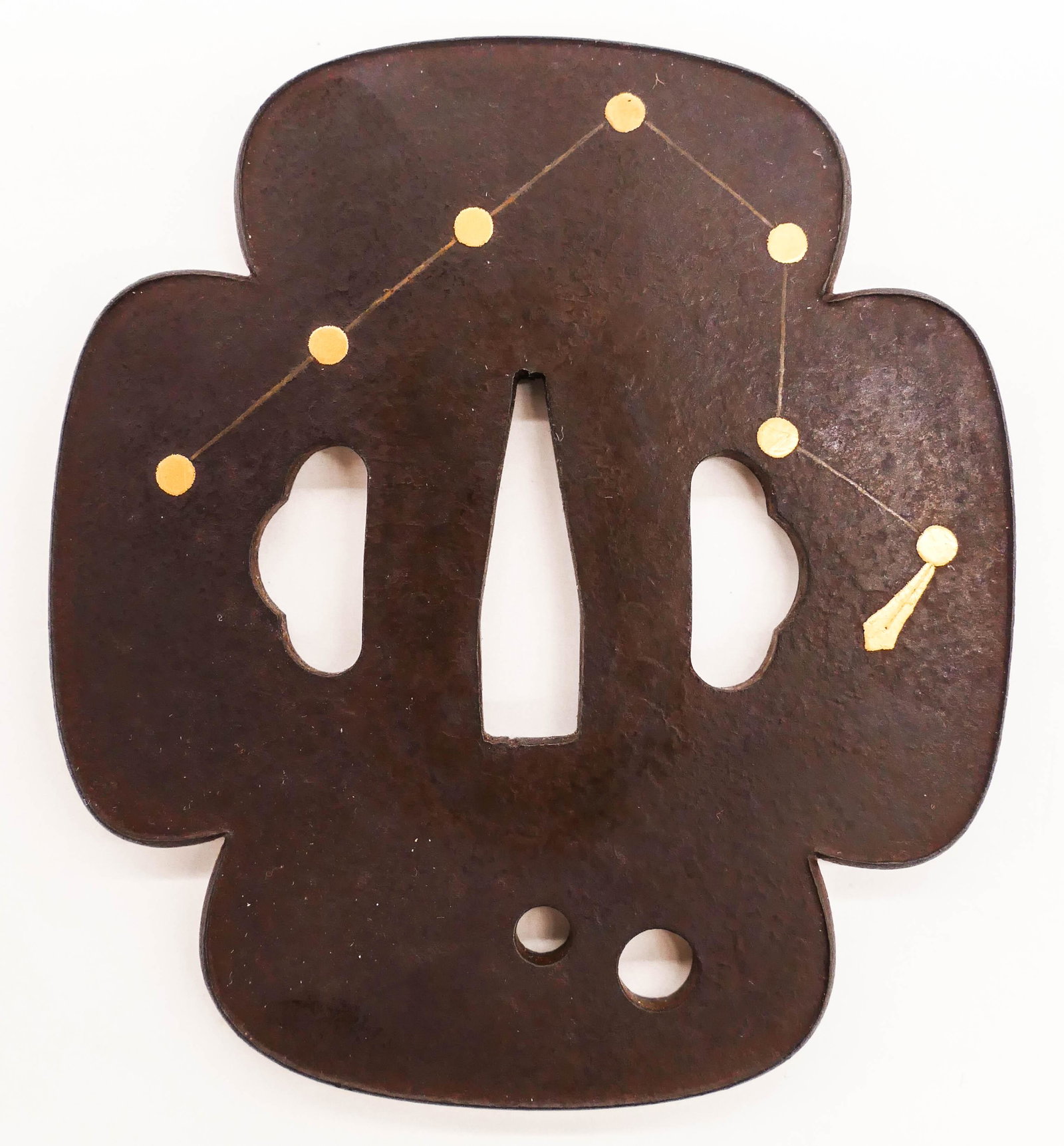Japanese Meiji Constellation Tsuba 3.5''x3.25'': Japanese Meiji Constellation Tsuba 3.5''x3.25''. Gold inlaid bronze tsuba with start constellation motif. Unsigned. Collection of W. Gordon Menzies, Seattle.