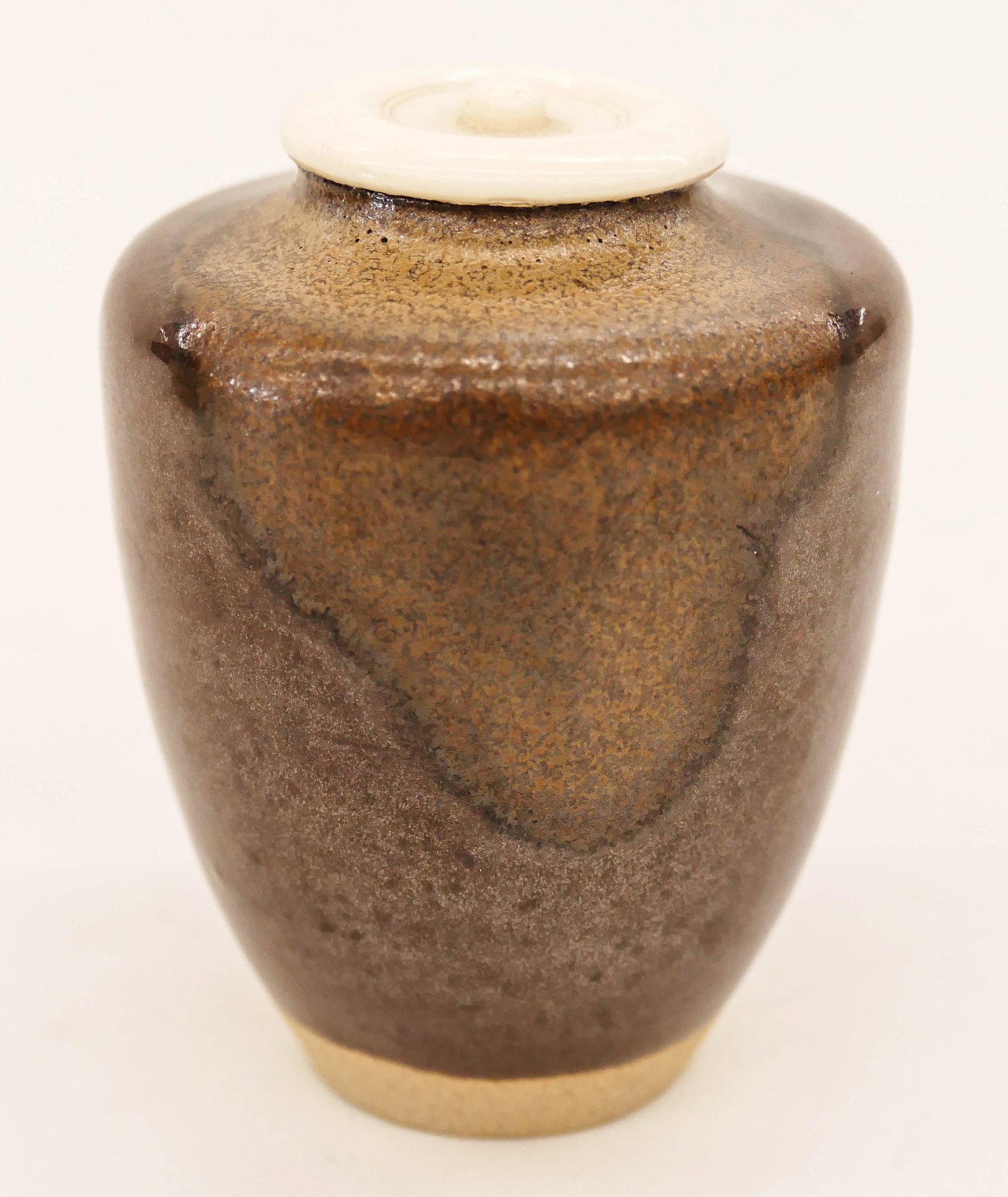 Japanese Tenmoku Glazed Chaire Tea Jar 3''x2'': Japanese Tenmoku Glazed Chaire Tea Jar 3''x2''. A fine brown tenmoku drip glazed jar. Unmarked. Mid 20th century, Showa era. Collection of W. Gordon Menzies, Seattle.