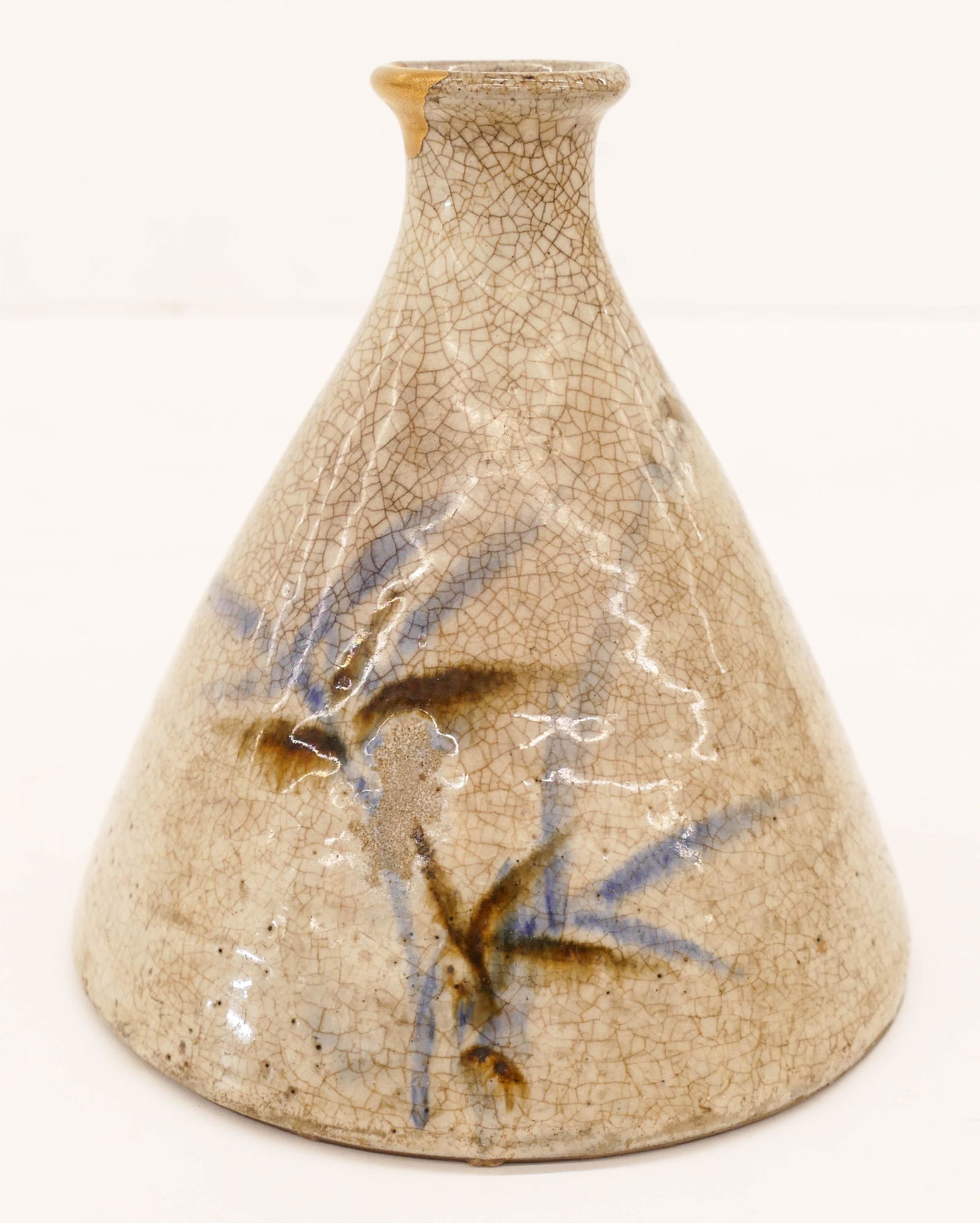 Japanese Edo Seto Ware Tokkuri Sake Bottle 5.5''x6'': Japanese Edo Seto Ware Tokkuri Sake Bottle 5.5''x6''. Crackle glaze with blue and iron brown bamboo motif. Gold kintsugi repair at top rim. 18th century. Collection of W. Gordon Menzies, Seattle.