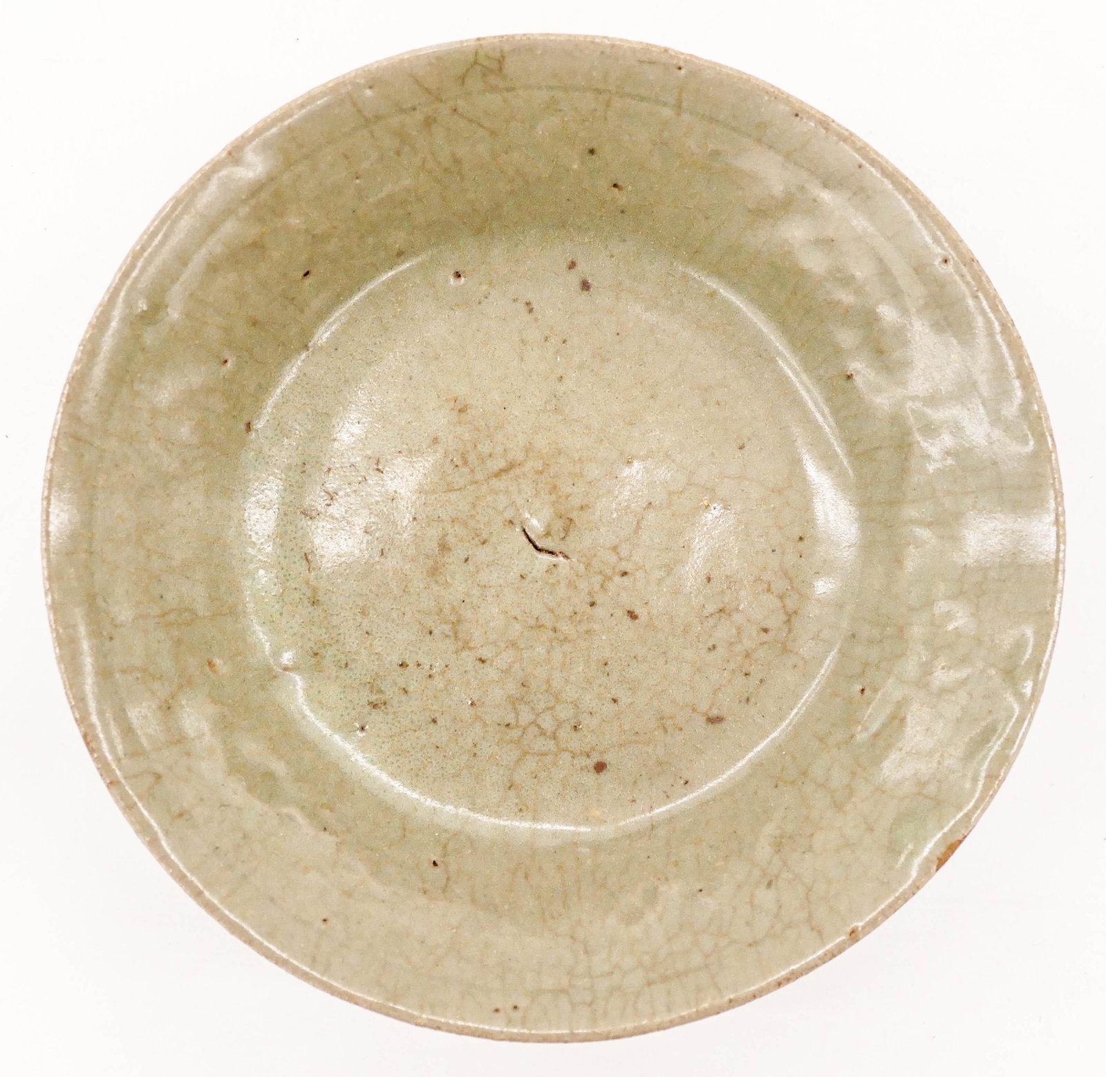 Korean Goryeo Celadon Ceramic Low Bowl 1.5''x6.5'': Korean Goryeo Celadon Ceramic Low Bowl 1.5''x6.5''. Molded scrolling floral motif on inner rim. Excellent condition. 12th to 13th century. Collection of W. Gordon Menzies, Seattle.