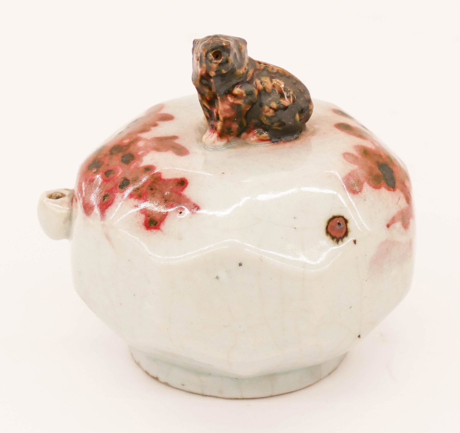 Korean Joseon Copper Red Large Water Dropper: Korean Joseon Copper Red Large Water Dropper 3.5''x4.25''. A copper red floral decorated white porcelain water dropper with figural hae-tae finial. Excellent condition. 18th or 19th century. Collectio