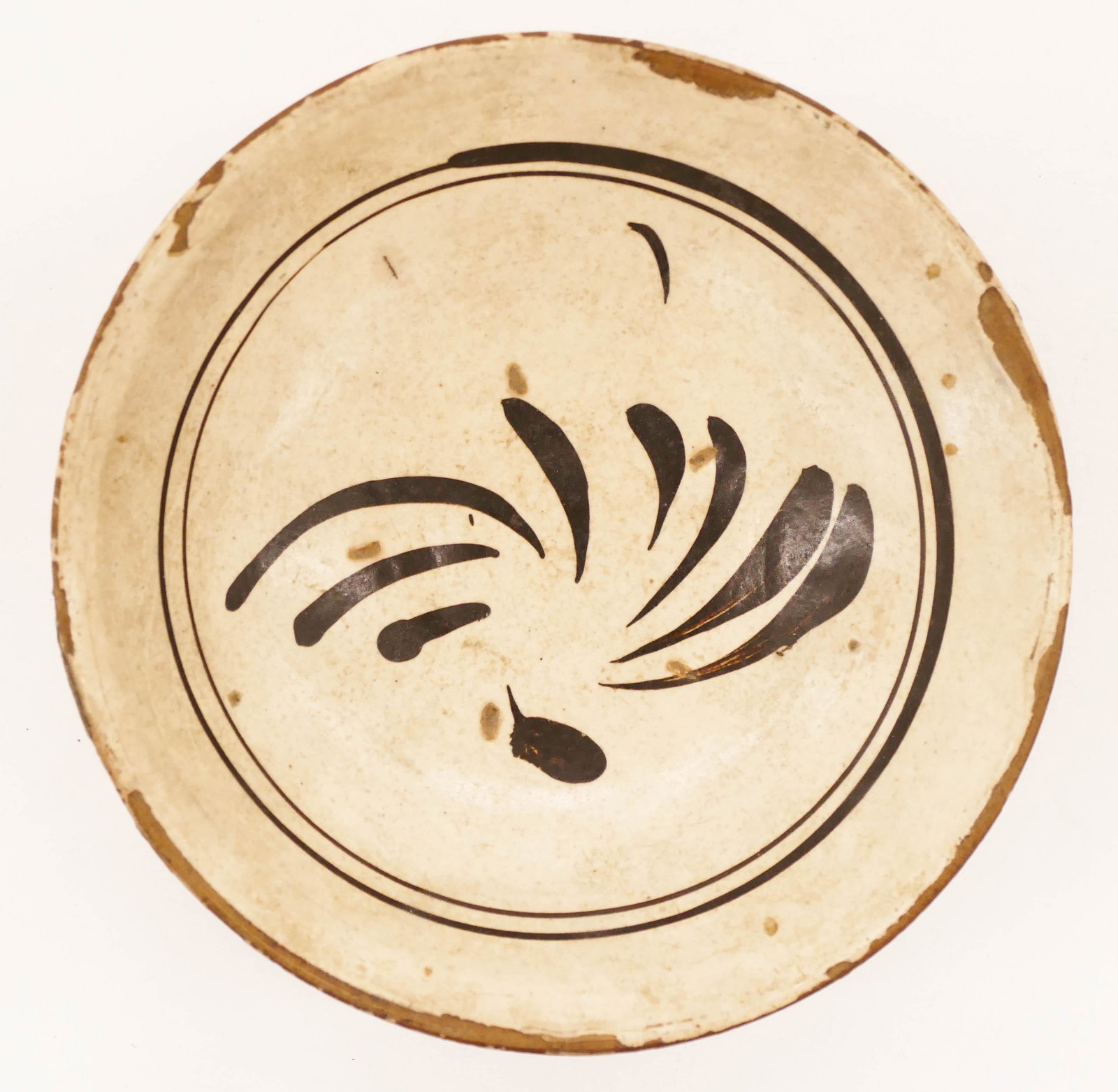 Chinese Song Cizhou Ware Low Bowl 2''x6.5'': Chinese Song Cizhou Ware Low Bowl 2''x6.5''. A brown and white glaze decorated ceramic dish. Scattered glaze flaking to top rim. 10th to 12th century. Collection of W. Gordon Menzies, Seattle.
