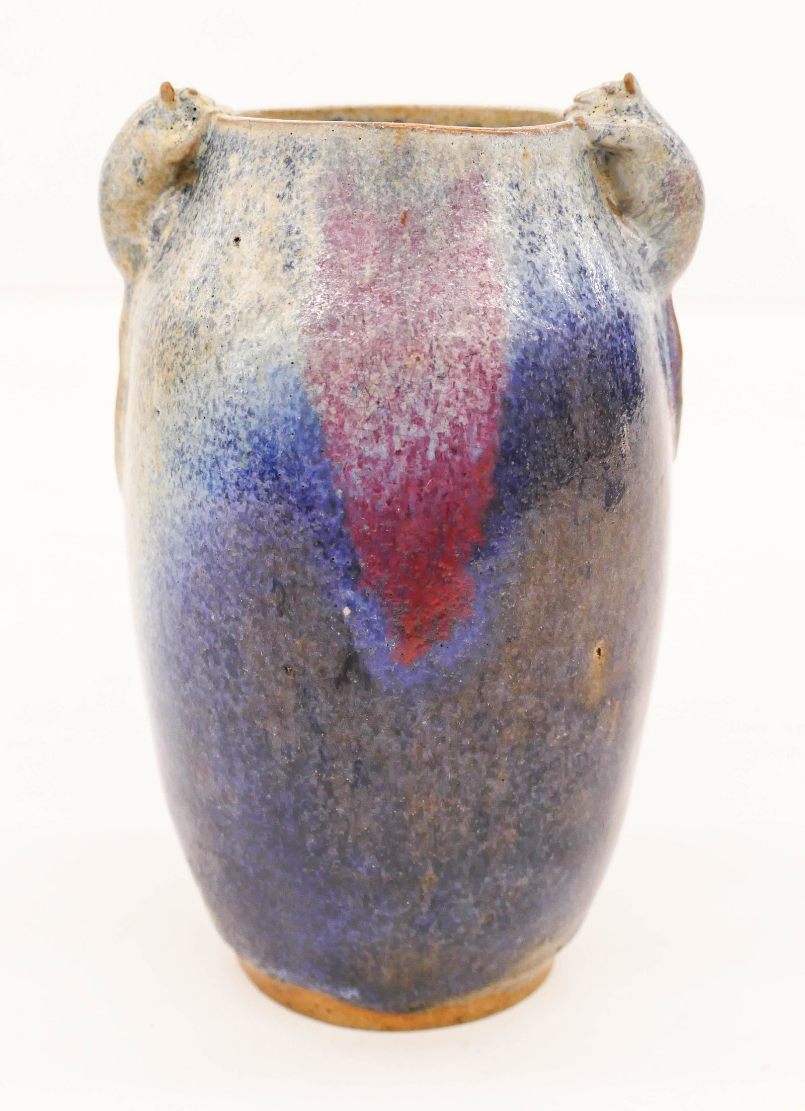 Chinese Qing Junyao Rat Handled Vase 5.5''x3.5'': Chinese Qing Junyao Rat Handled Vase 5.5''x3.5''. Unusual ceramic vase with junyao flambe glazes and figural rat handles. Tiny glaze flake to one handle ear. Overall excellent condition. 19th century.