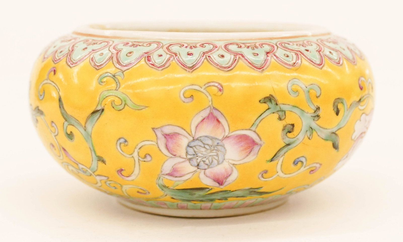 Chinese Republic Famille Rose Brush Washer: Chinese Republic Famille Rose Brush Washer 2.25''x4.75''. A fine yellow ground polychrome enameled porcelain bowl with scrolling floral motifs. Unmarked. Excellent condition. Collection of W. Gordon M