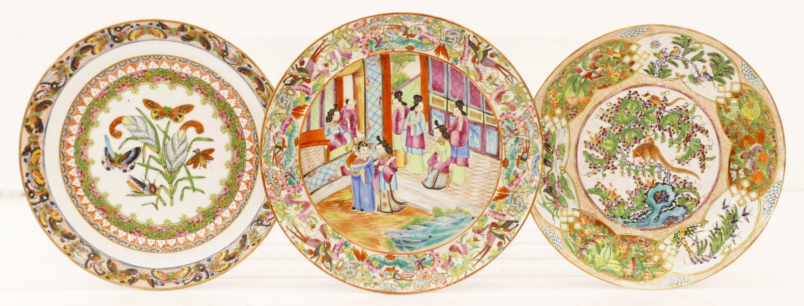 3pc Chinese Qing Polychrome Porcelain Plates 9.5'': 3pc Chinese Qing Polychrome Porcelain Plates 9.5'' to 10'' Diameter. A trio of famille rose plates including a deep plate with courtesans, shallow plate with squirrel on branch, and a shallow butterfl